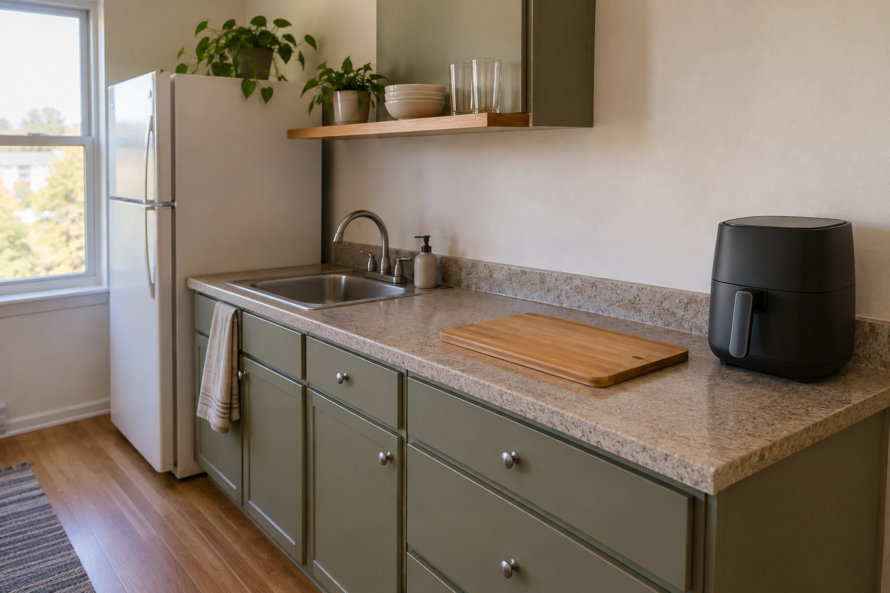 A basket air fryer sits in an open zone at the end of a small kitchen counter while a clear cutting-board prep area remains beside it.