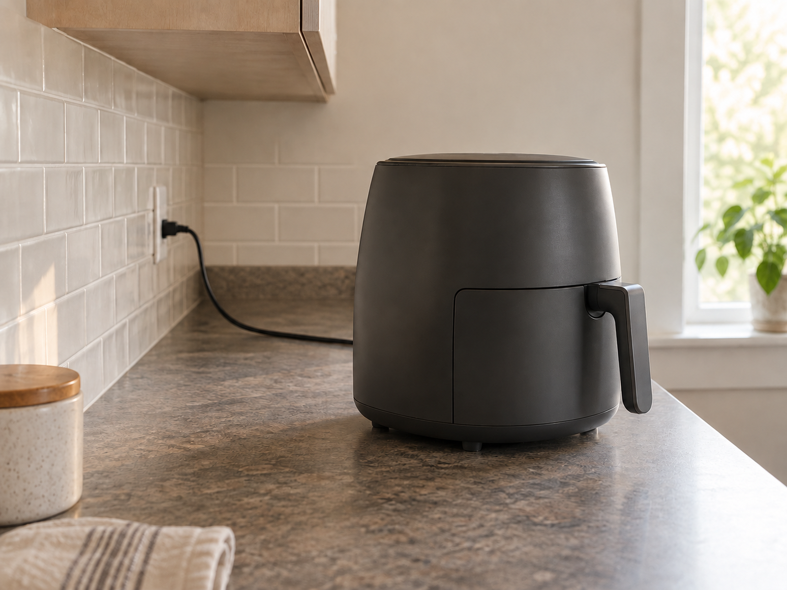 An air fryer is pulled forward from an empty under-cabinet parking area into an open, fully supported position on a deep kitchen counter.