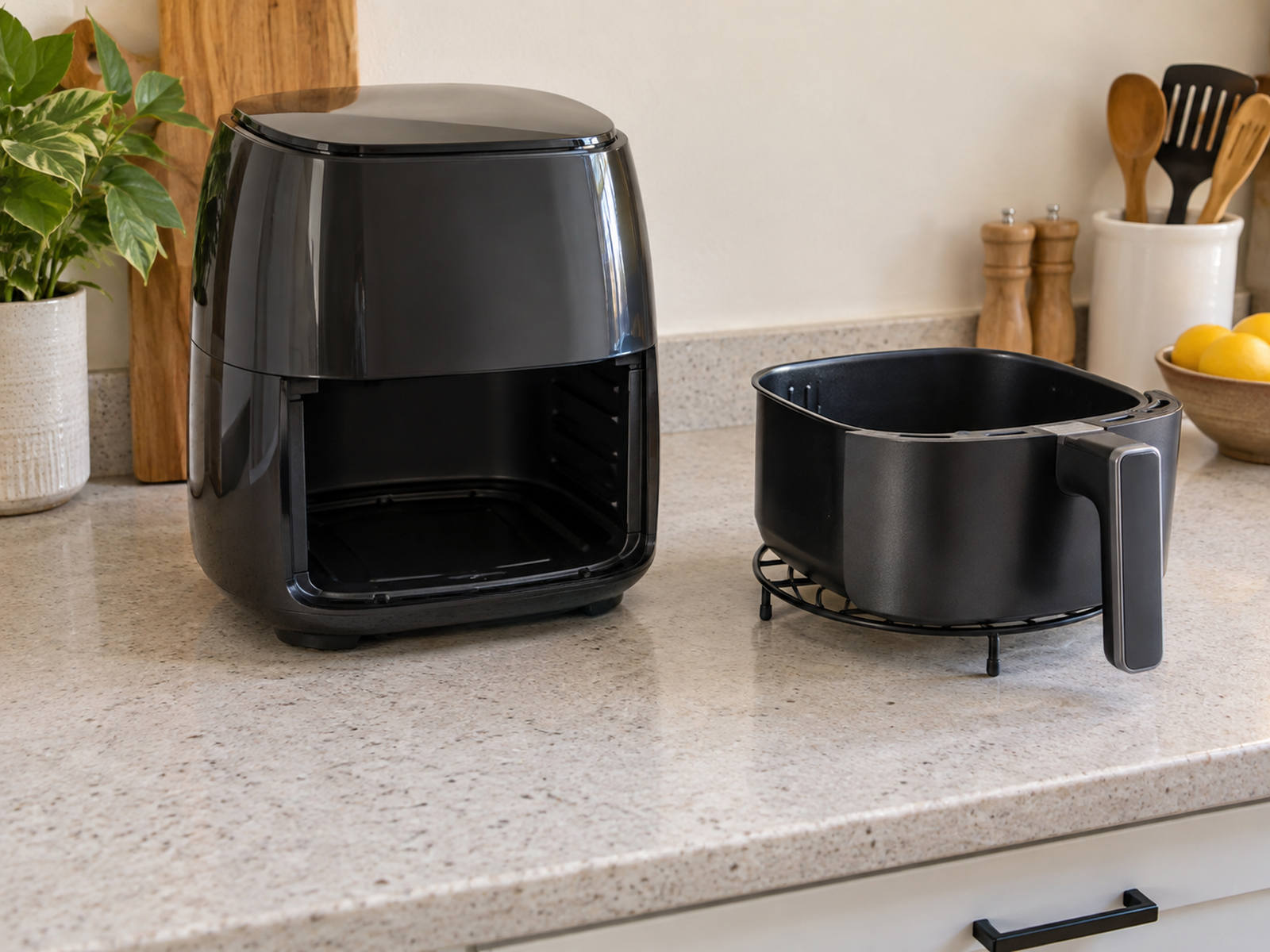 A basket air fryer has its single drawer fully removed onto a rigid metal trivet beside the appliance, leaving a clear loading path on the counter.