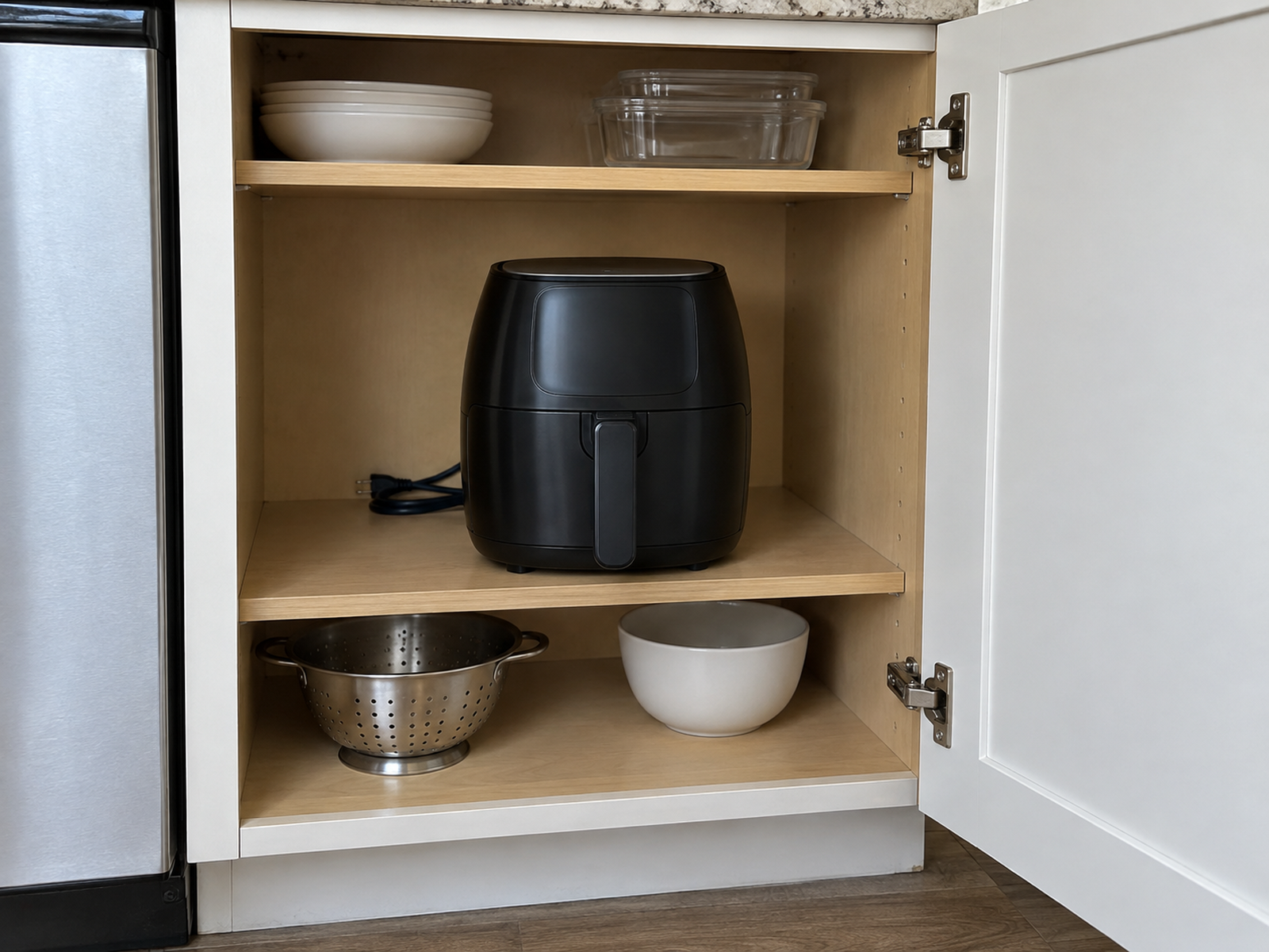 A compact air fryer is stored upright on an easy-to-reach lower cabinet shelf with open space around it and a clear path to lift it out.
