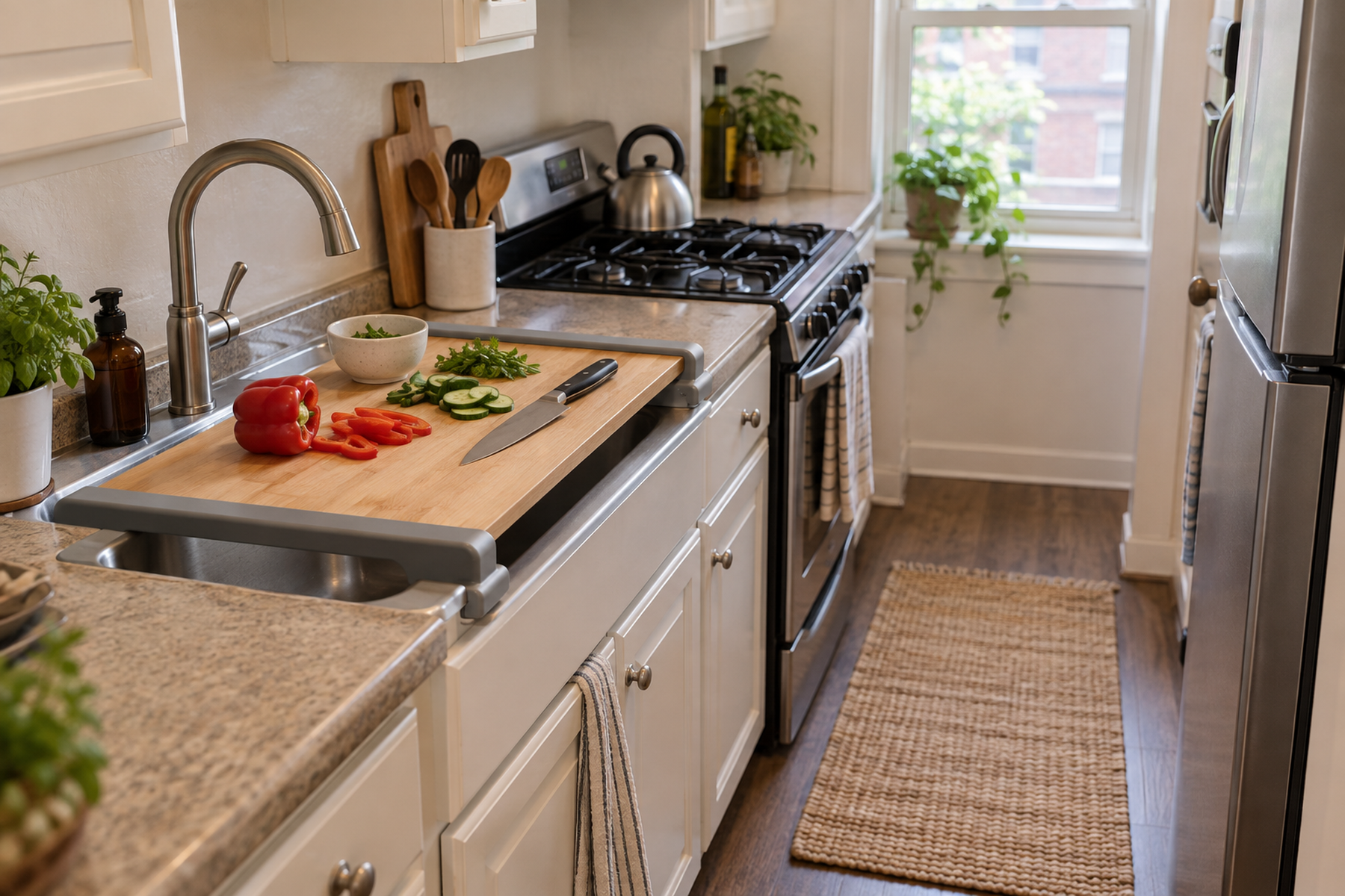 A purpose-designed cutting board spans a small kitchen sink with peppers and cucumber being prepared while the narrow galley floor remains clear.