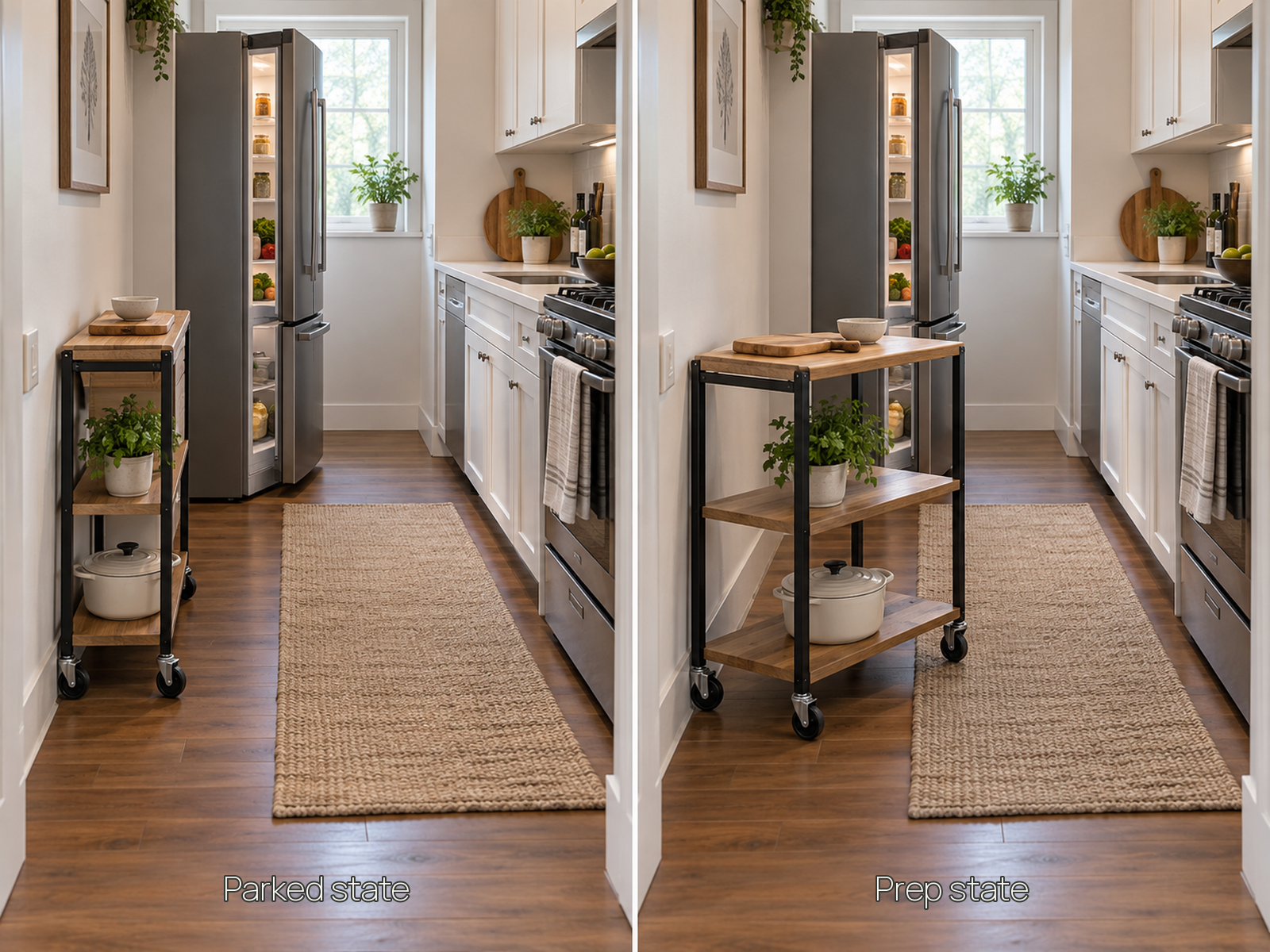 The same compact rolling kitchen cart is shown tucked against the wall and pulled into prep position in a narrow galley, with refrigerator and walking access still visible.