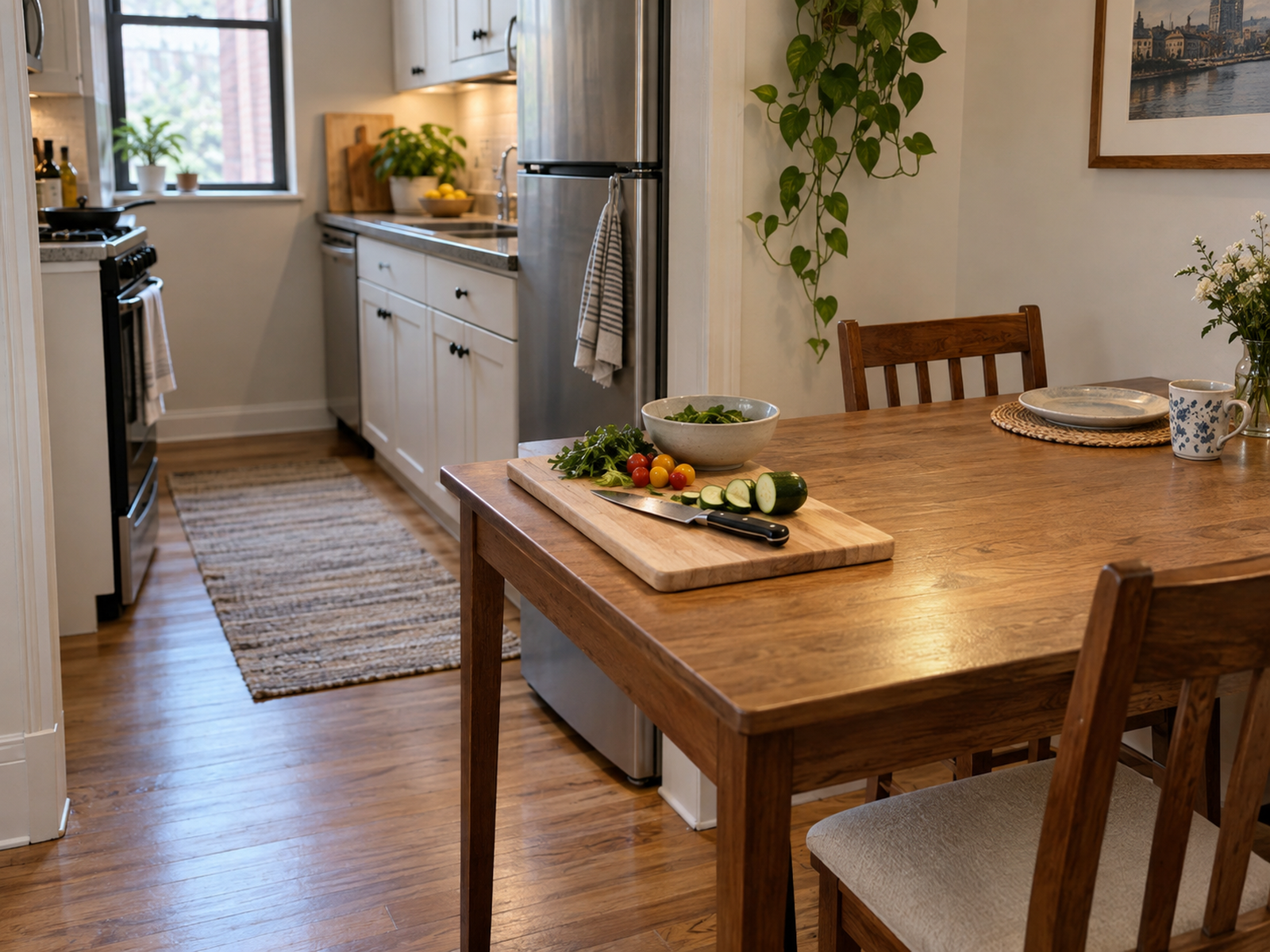 A clean cutting board with vegetables sits on one end of a dining table immediately beside a tiny kitchen, leaving the rest of the table and route to the kitchen clear.