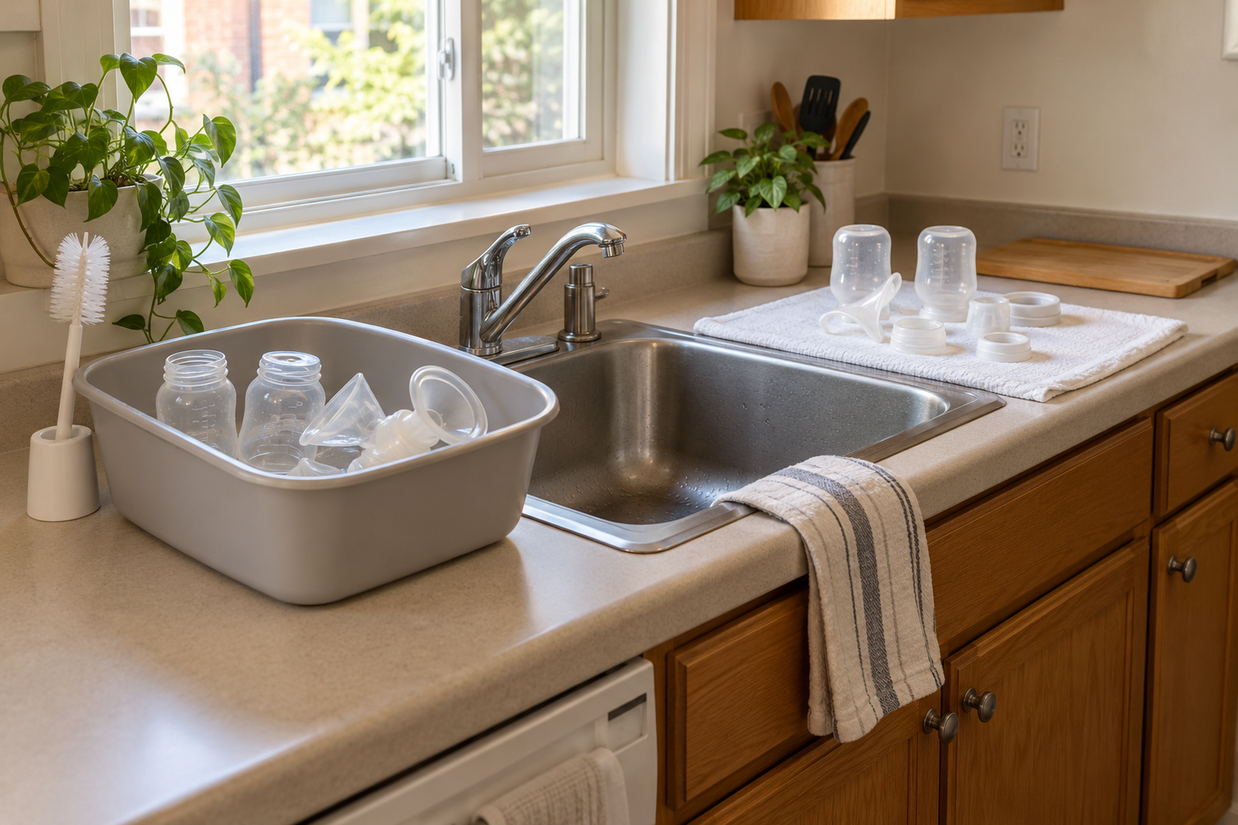 A small kitchen sink separates a dedicated baby-bottle wash basin and brush from a clean drying towel, with prep space remaining nearby.