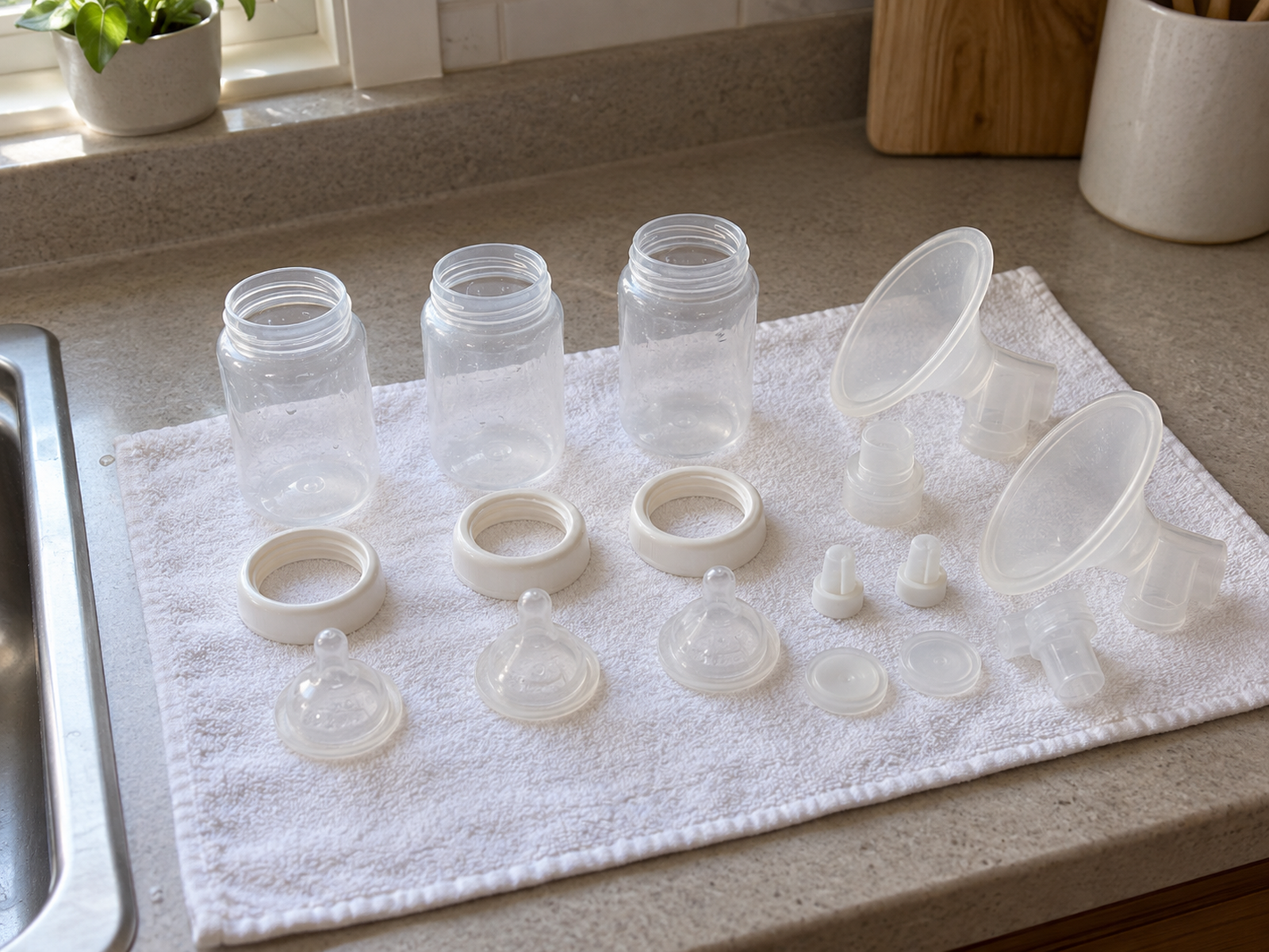 Three baby bottles, nipples, rings, pump flanges, valves, and connectors are disassembled and spaced apart to air-dry on a clean dedicated towel.
