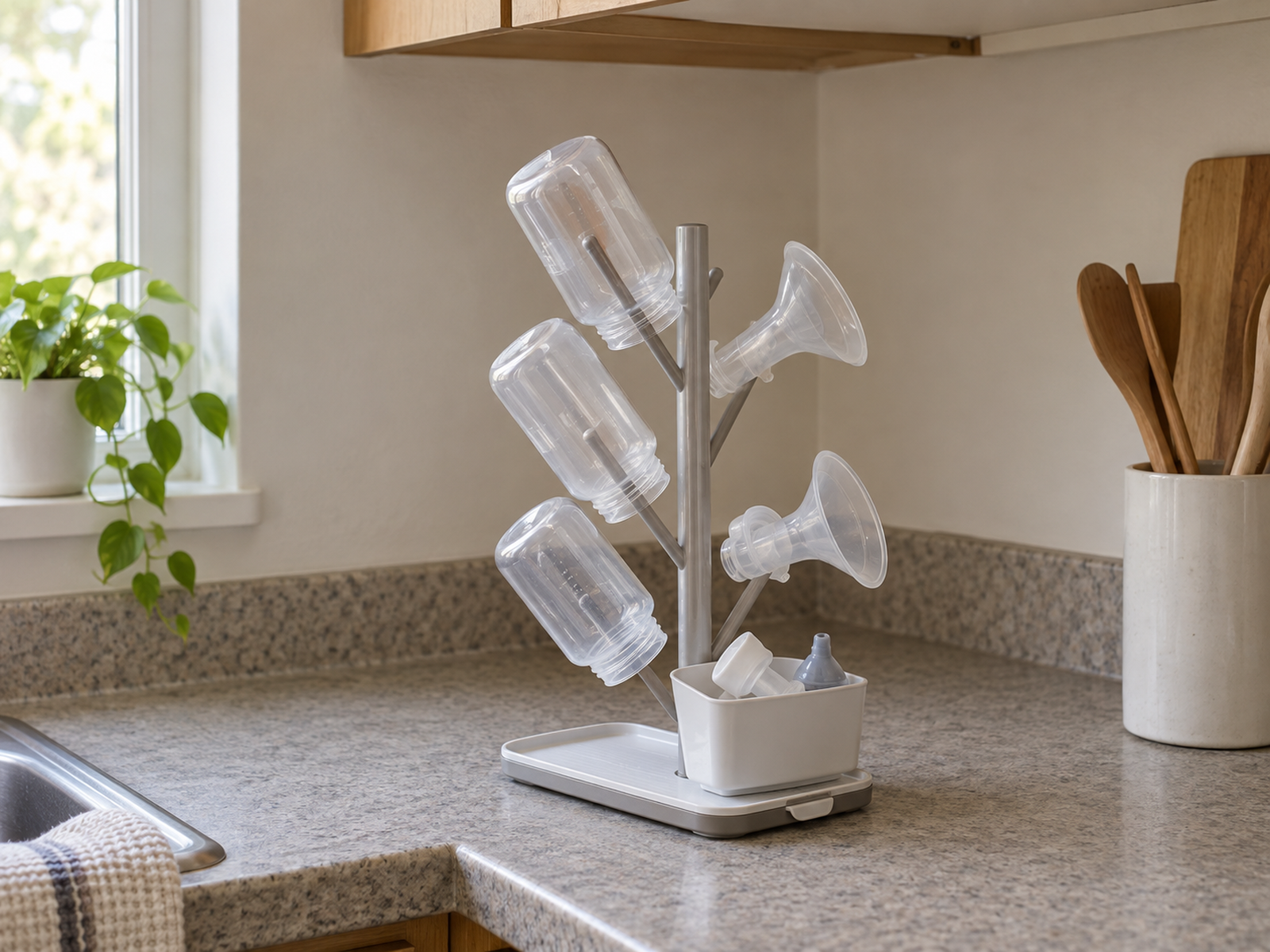 A narrow vertical drying rack holds three baby bottles and pump flanges below an upper cabinet, with a small-parts cup and removable drain tray.