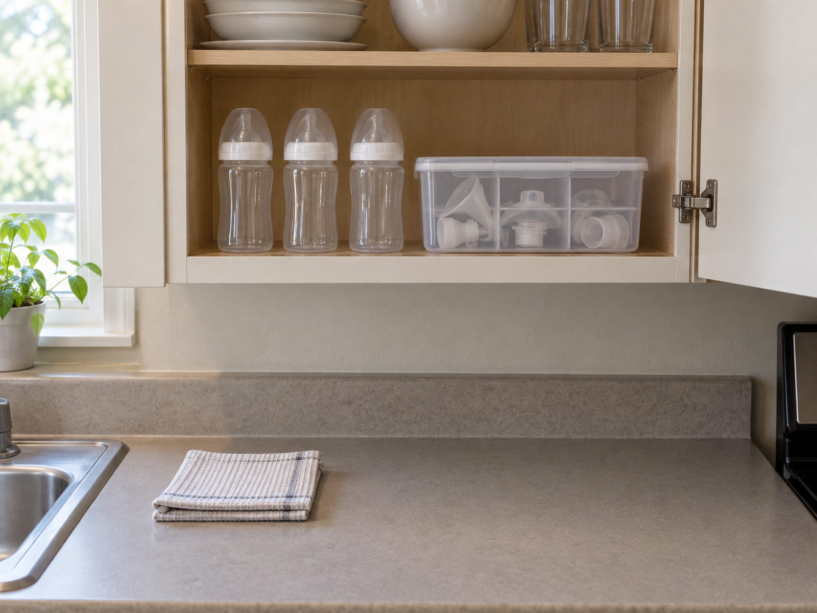 Three fully dry assembled baby bottles and organized pump parts are stored in a clean kitchen cabinet above a cleared drying counter.