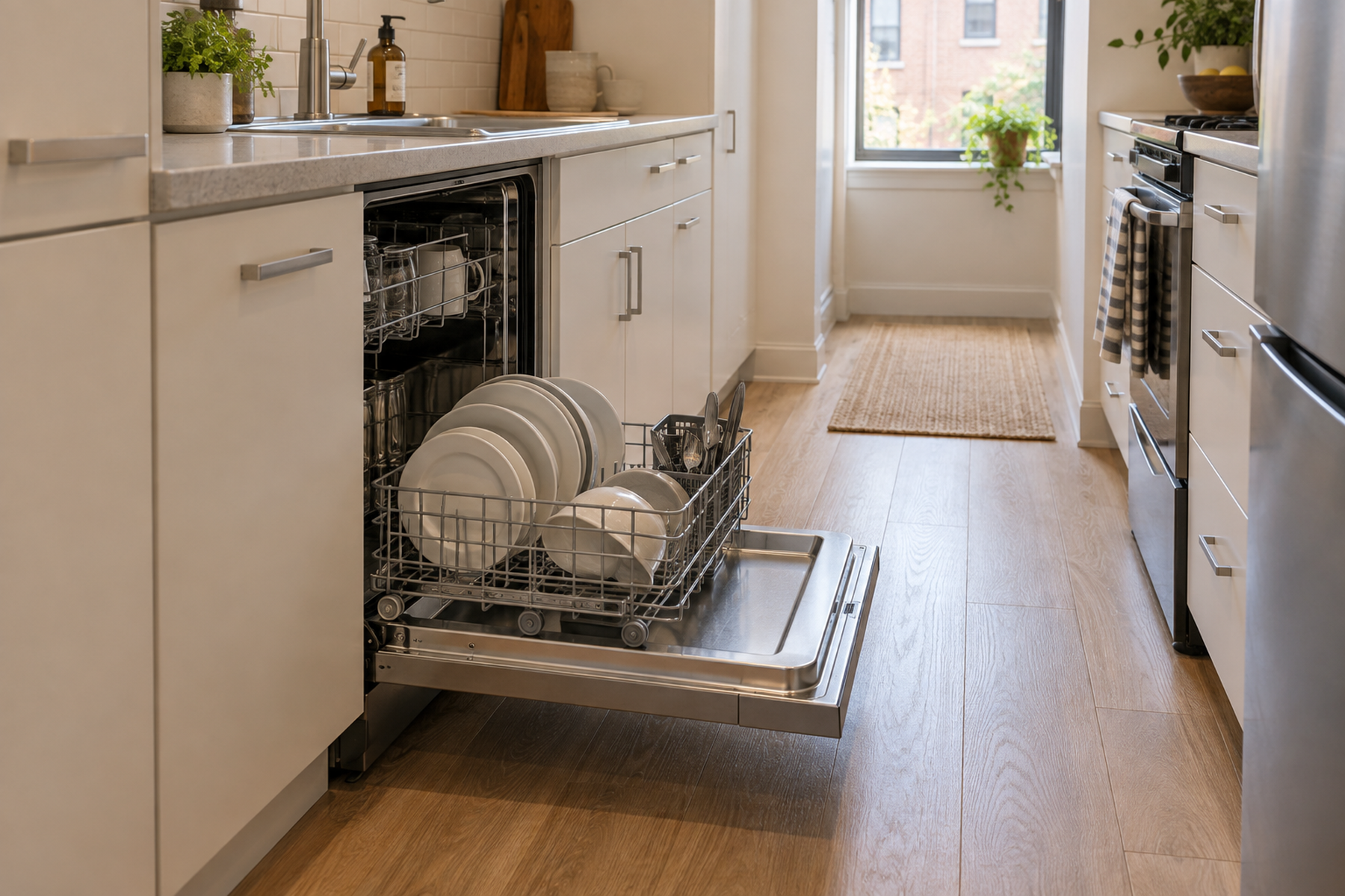A fully open built-in dishwasher with its lower rack extended in a narrow galley kitchen, showing the adjacent sink, cabinets, standing zone, and remaining walkway.