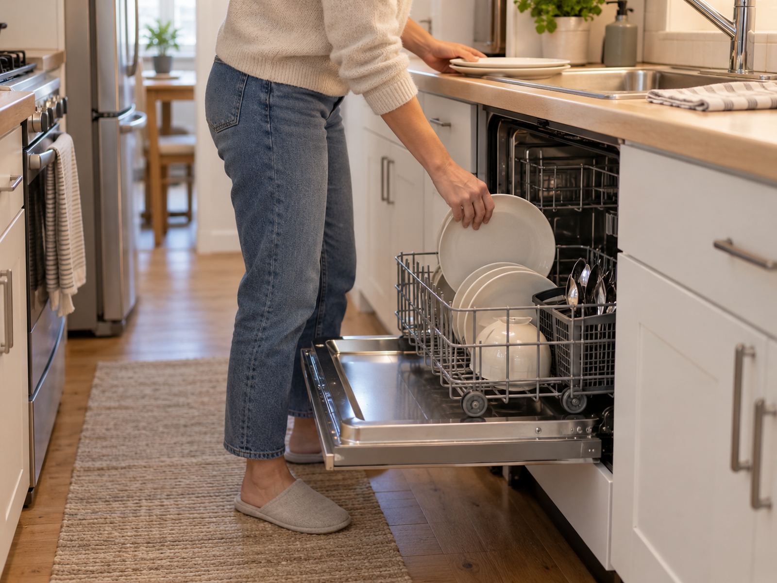 A person loads the extended lower rack of a fully open dishwasher beside the sink while standing securely in a narrow kitchen aisle.