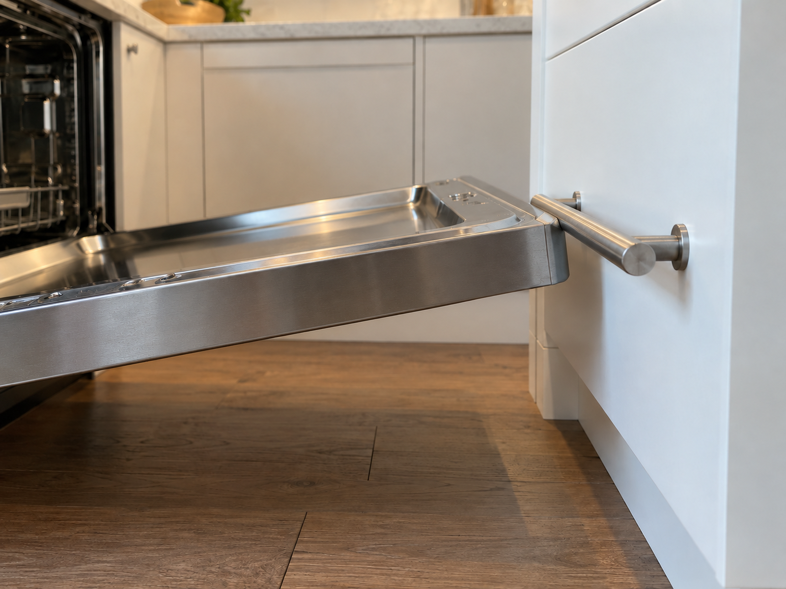 The corner of a nearly open dishwasher door meets a projecting cabinet bar pull while the adjacent cabinet face itself remains clear.