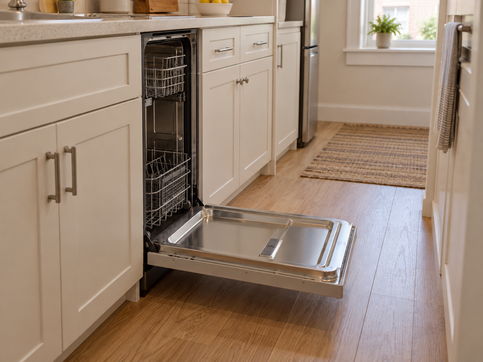 A visibly narrow built-in dishwasher has a fully open horizontal door that still projects far into a compact kitchen walkway.