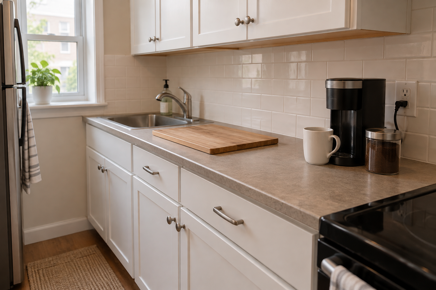 A compact coffee maker, mug, and coffee canister occupy one end of a tiny kitchen counter while a large cutting board keeps the main prep strip clear.