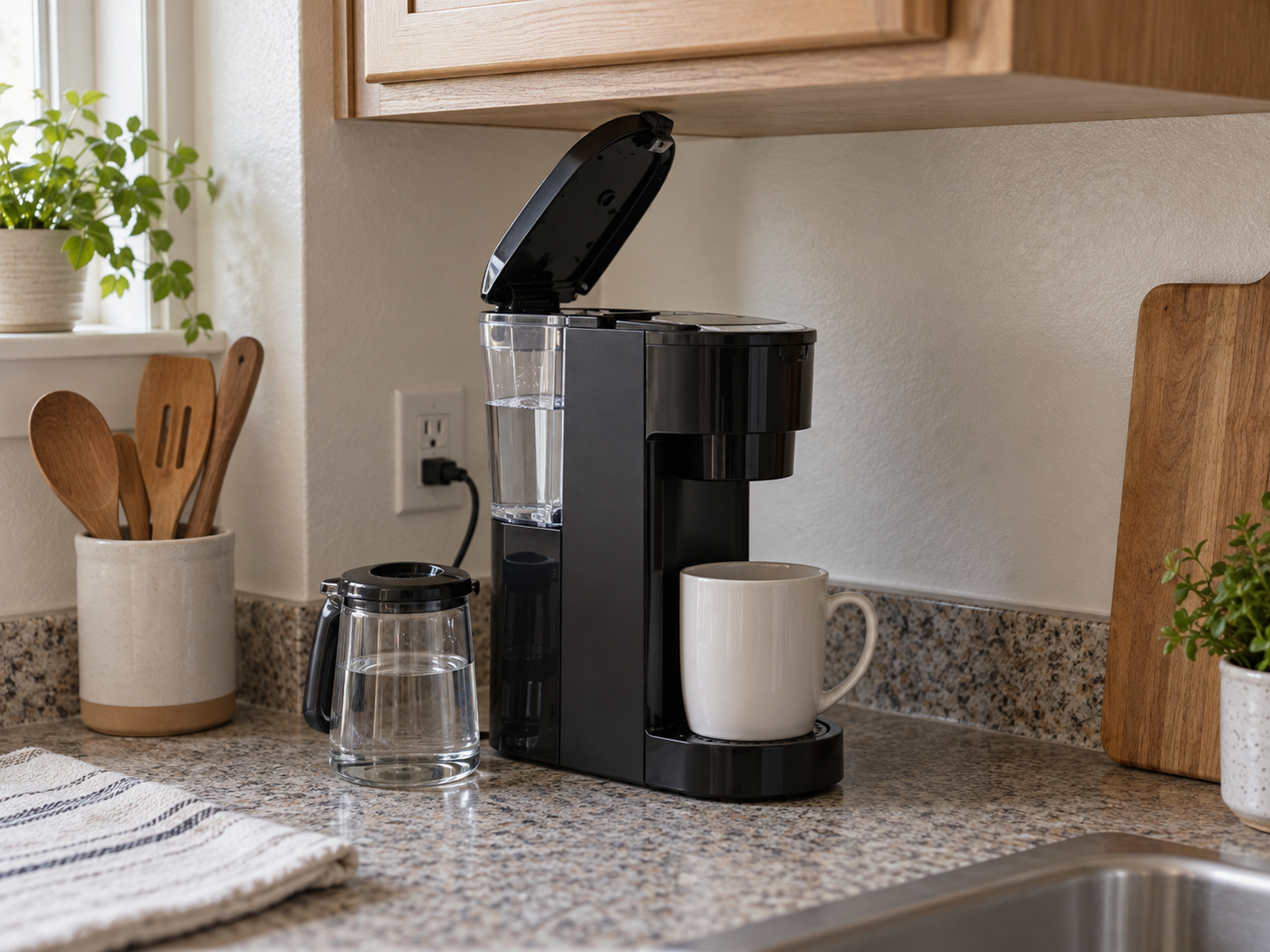 A compact coffee maker sits beneath an upper cabinet with its top lid fully open, visible clearance above it, a water carafe beside the reservoir, and a mug in front.