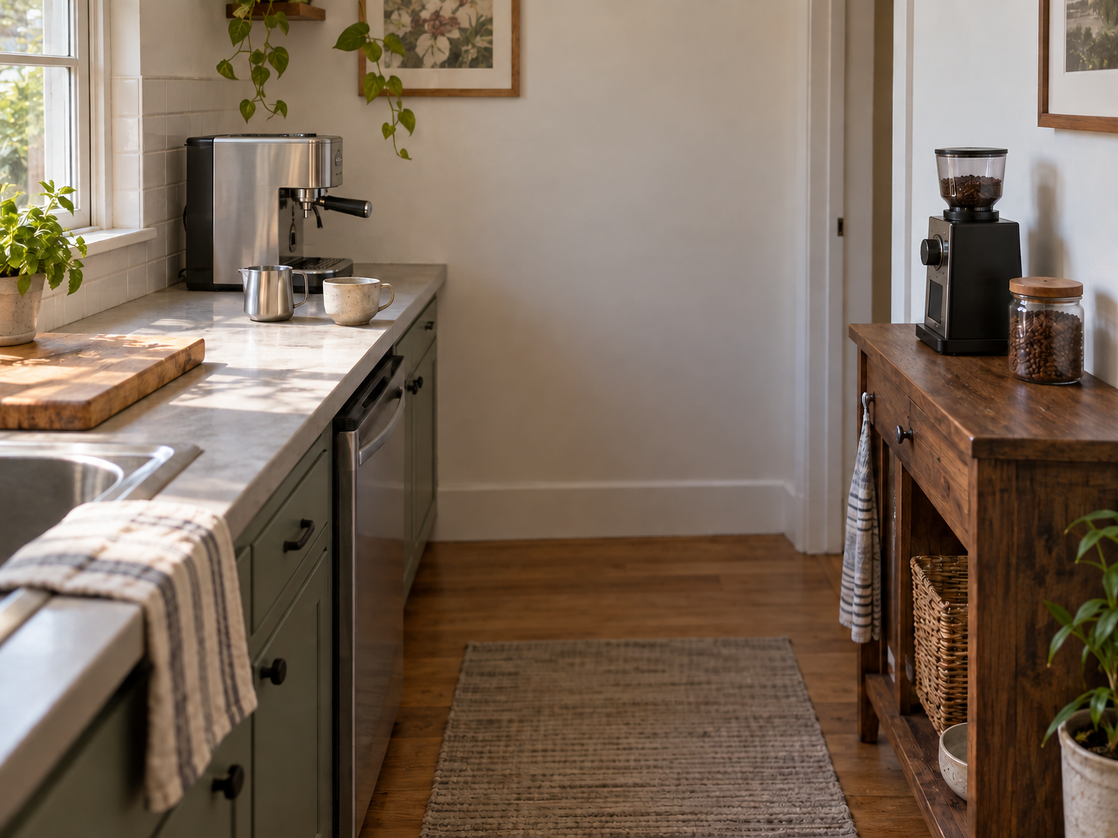 A compact espresso machine sits on the main kitchen counter while the grinder is on a nearby sideboard across a short clear walkway, leaving a cutting-board prep area open.