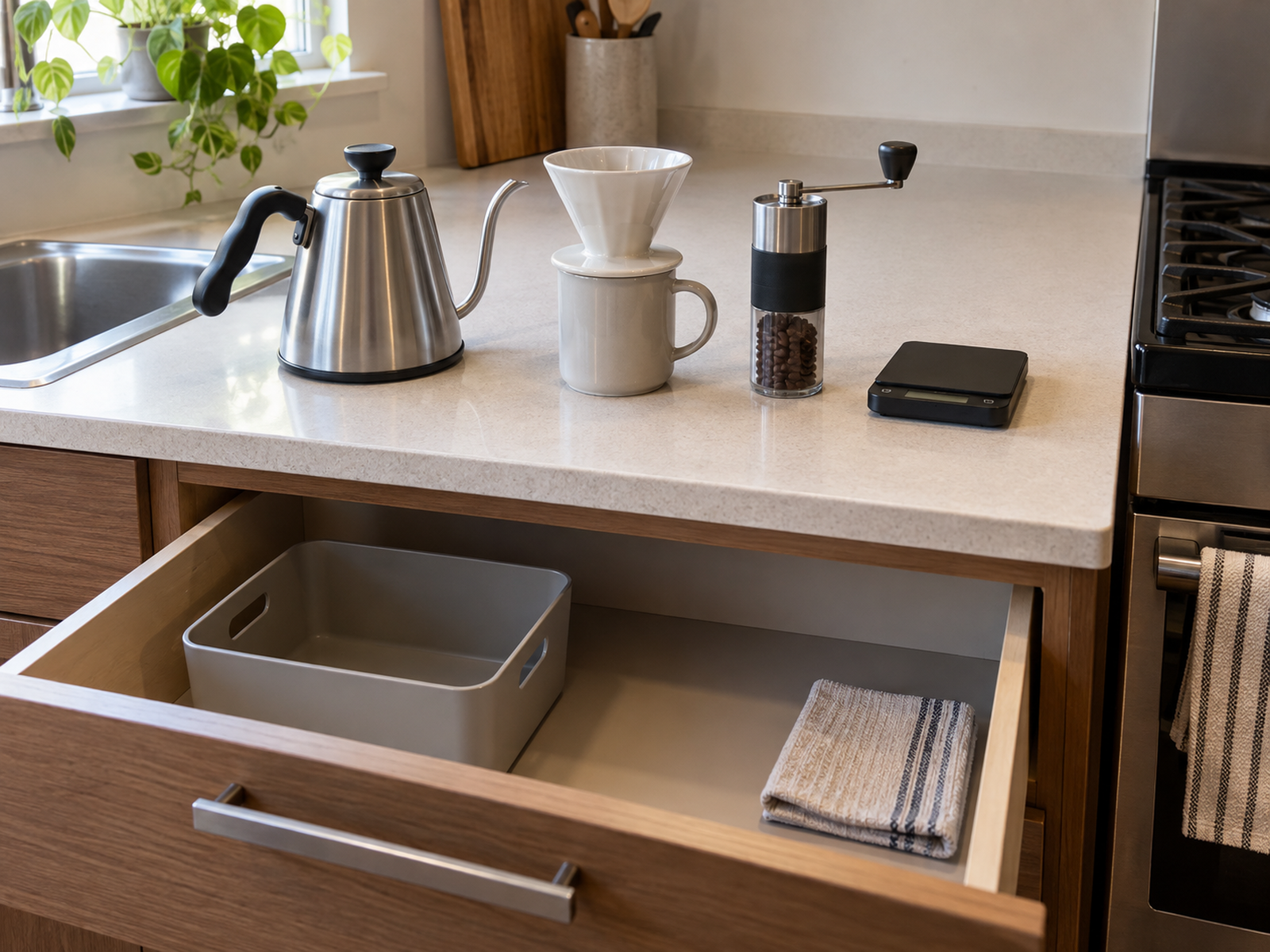 A kettle, cone dripper, hand grinder, scale, and mug are temporarily arranged on a small counter above an open drawer with space for later storage.