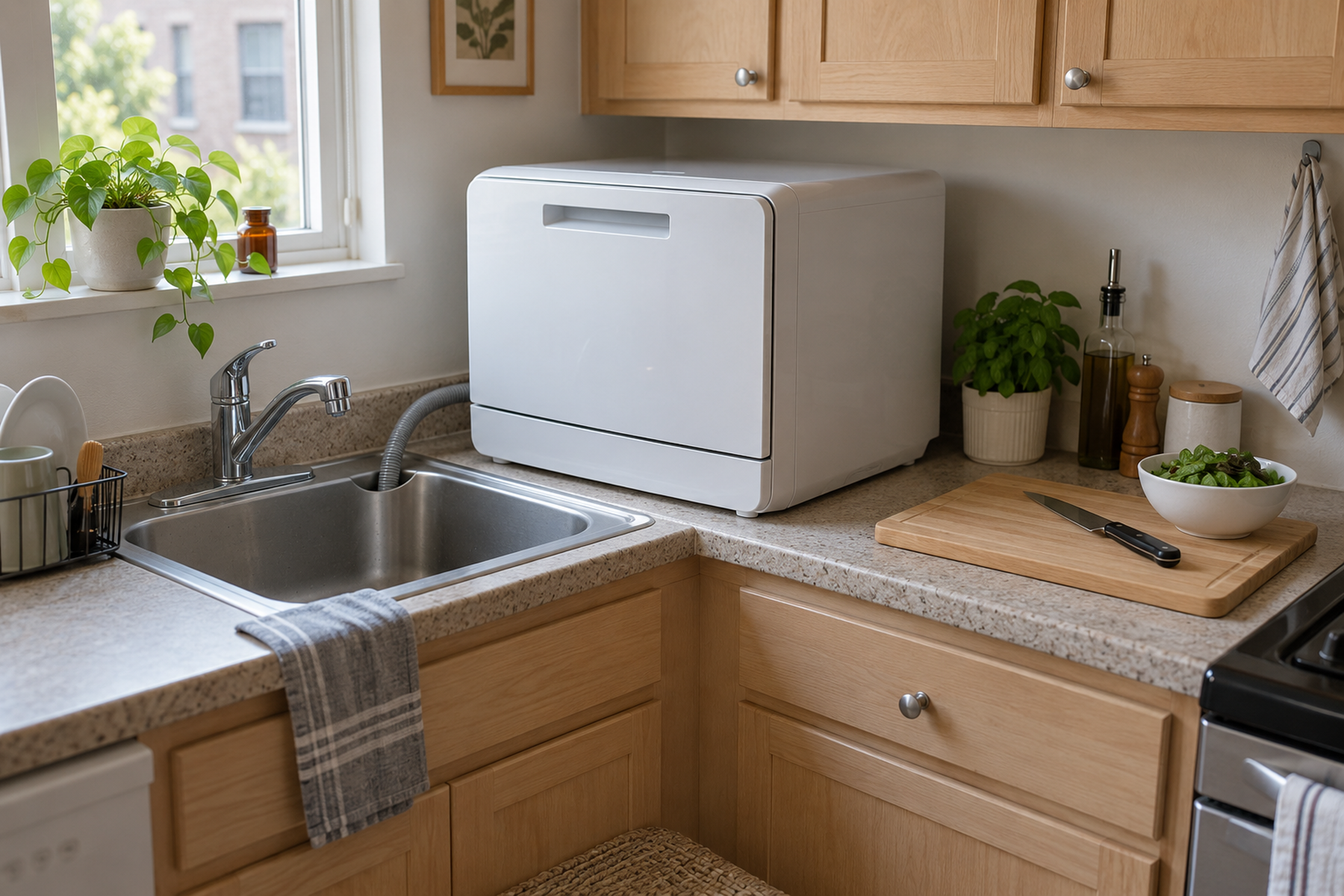 A compact countertop dishwasher beside a small kitchen sink with its drain hose controlled and a clear prep area remaining.