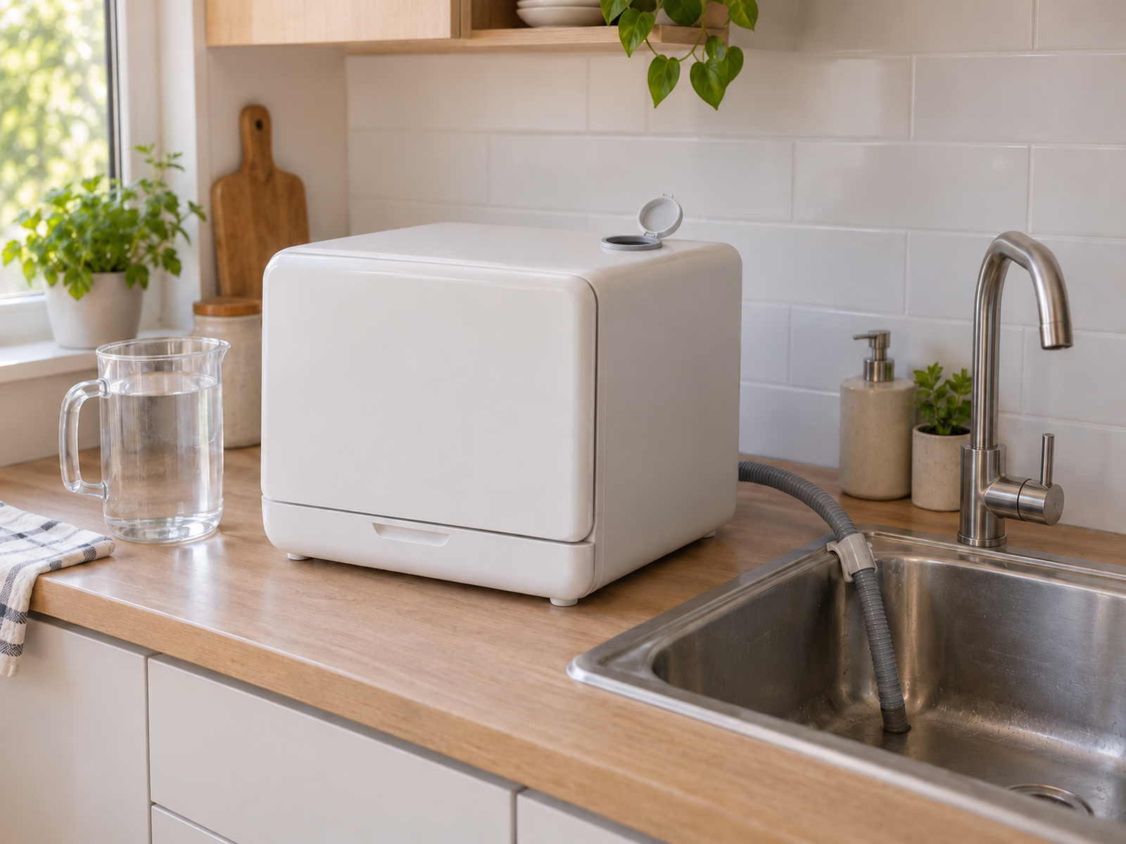 A tank-style countertop dishwasher with an open top-fill port, a nearby water pitcher, and a drain hose secured inside the sink.