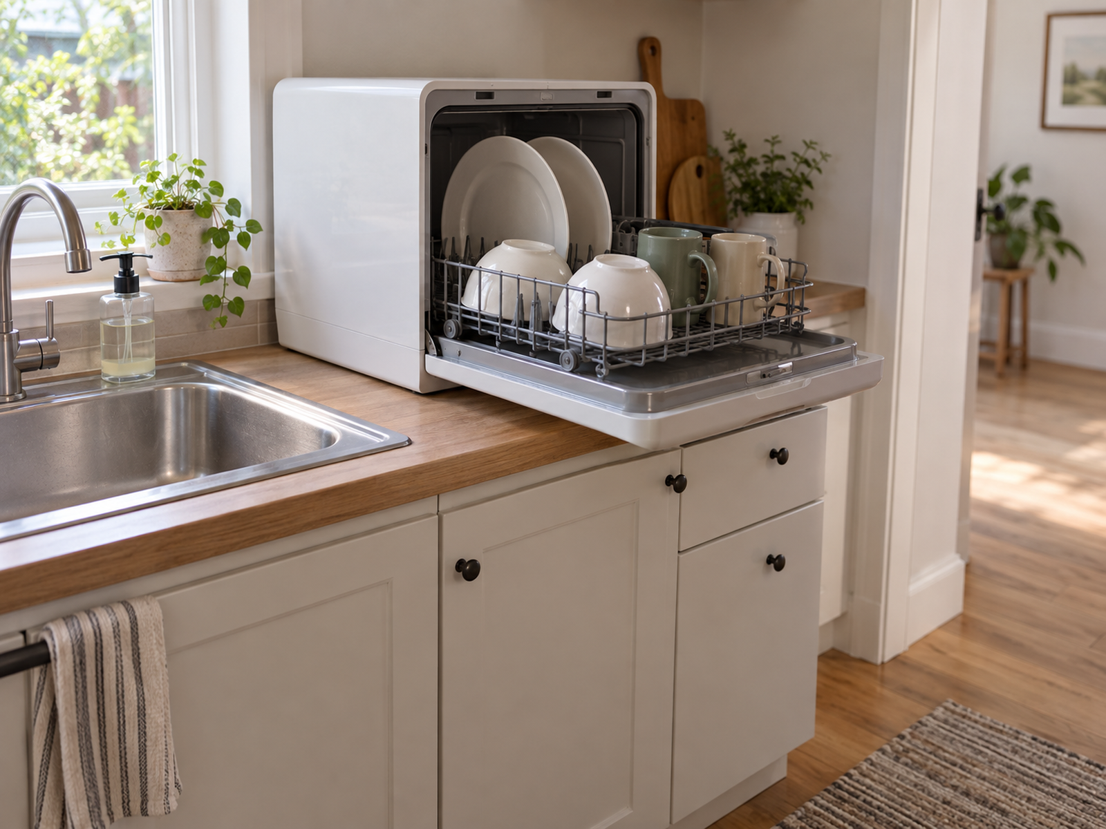 An open countertop dishwasher beside the sink with its rack extended and everyday dishes accessible from clear standing space.