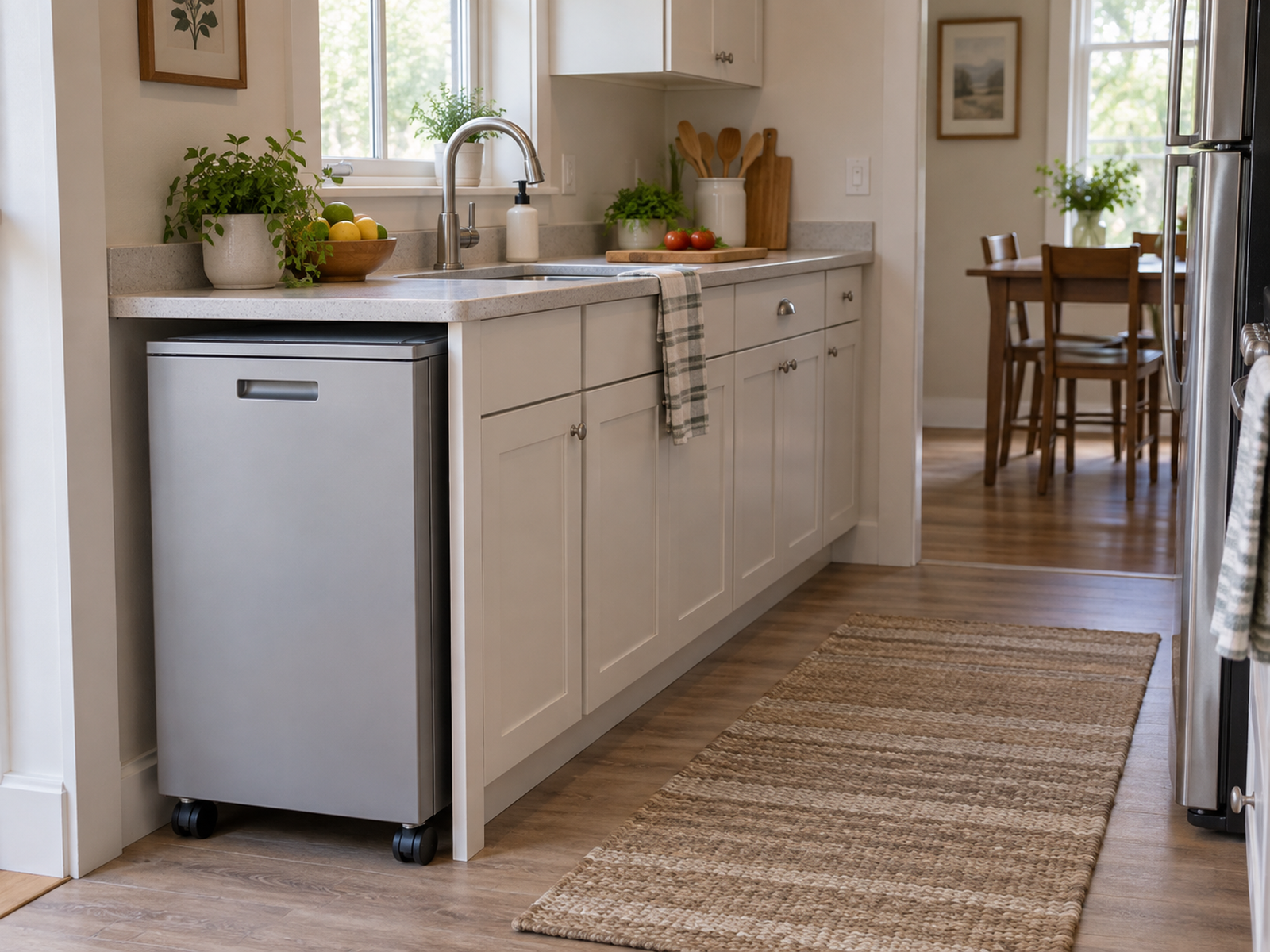 A narrow rolling portable dishwasher parked near a small kitchen sink while the main counter and aisle remain clear.