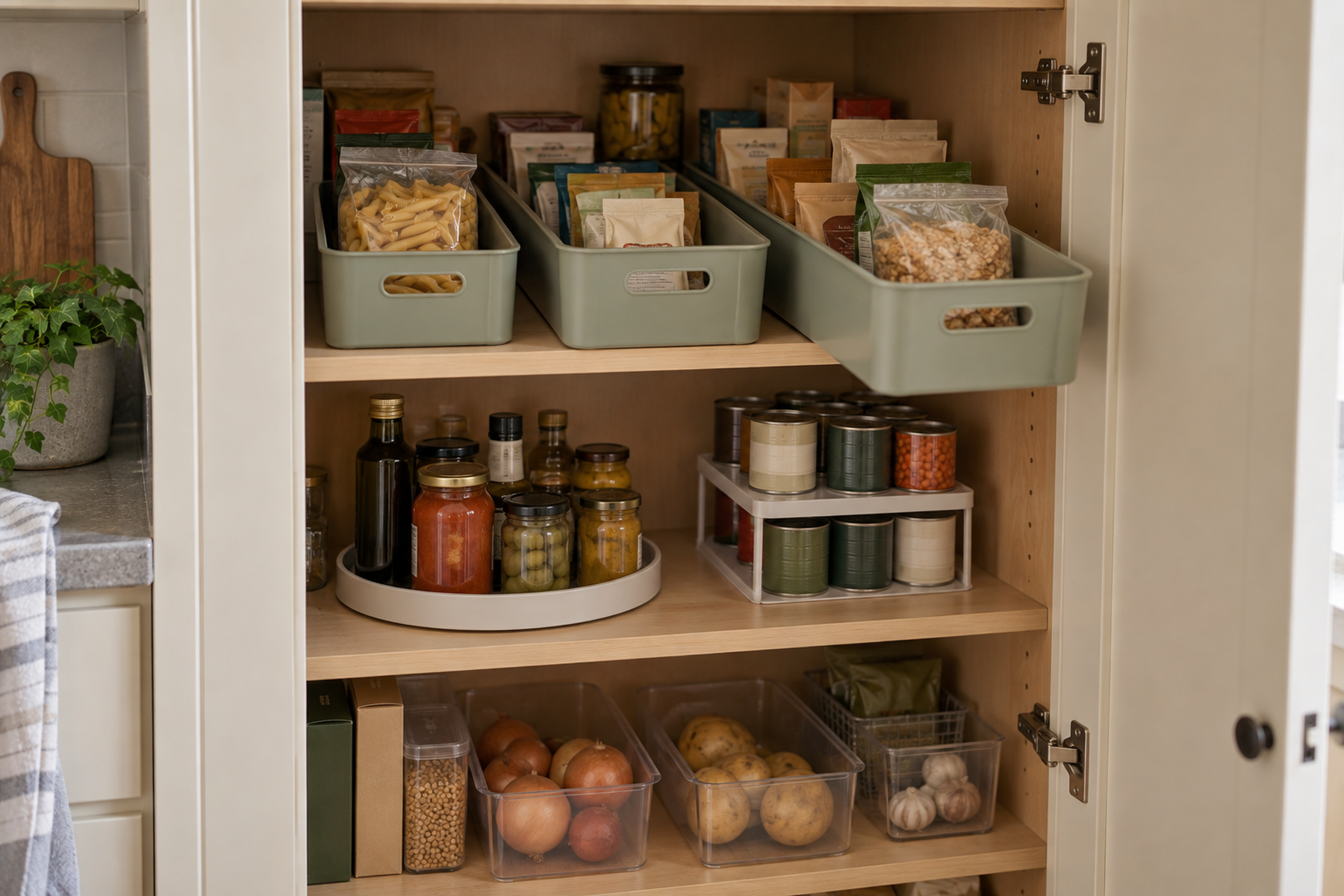 A deep pantry cabinet organized with long removable bins, a turntable, and a tiered riser so food stored at the back can move forward and remain visible.