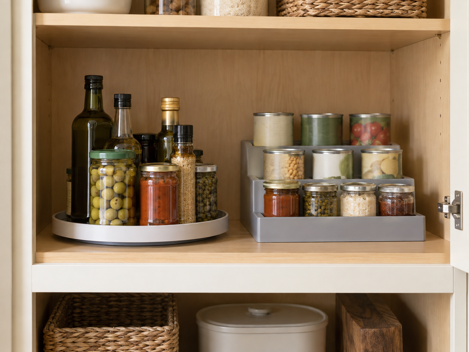 A pantry shelf using a turntable for upright jars and bottles beside a tiered riser that keeps cans and short jars visible.