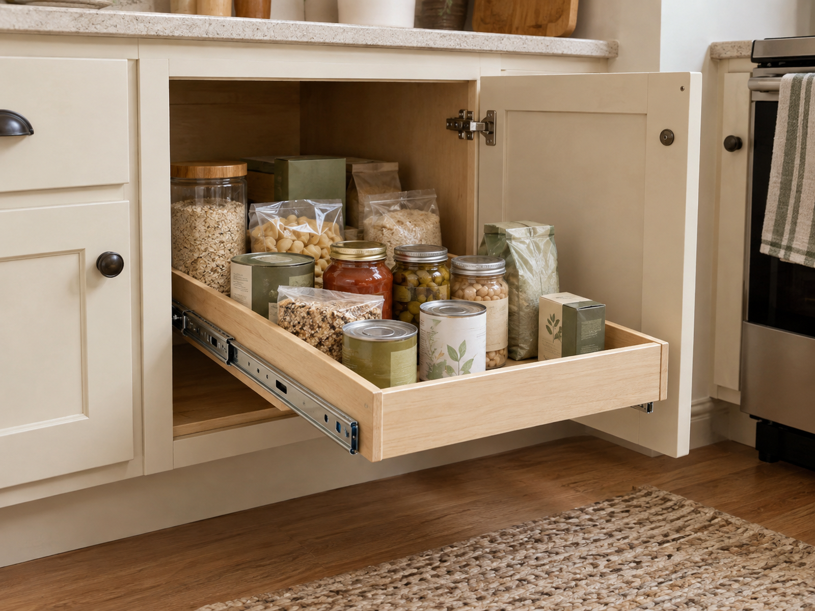 A full-extension wooden pantry tray pulled from a deep base cabinet, exposing all food and the fitted slide hardware.