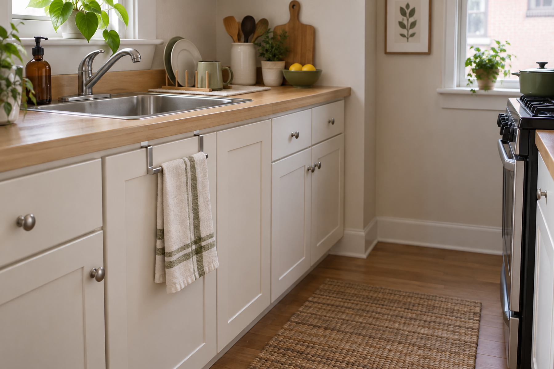 One dish towel hangs from a slim over-cabinet hanger on a closed under-sink door in a compact kitchen, with clear counter space and the range safely across the aisle.