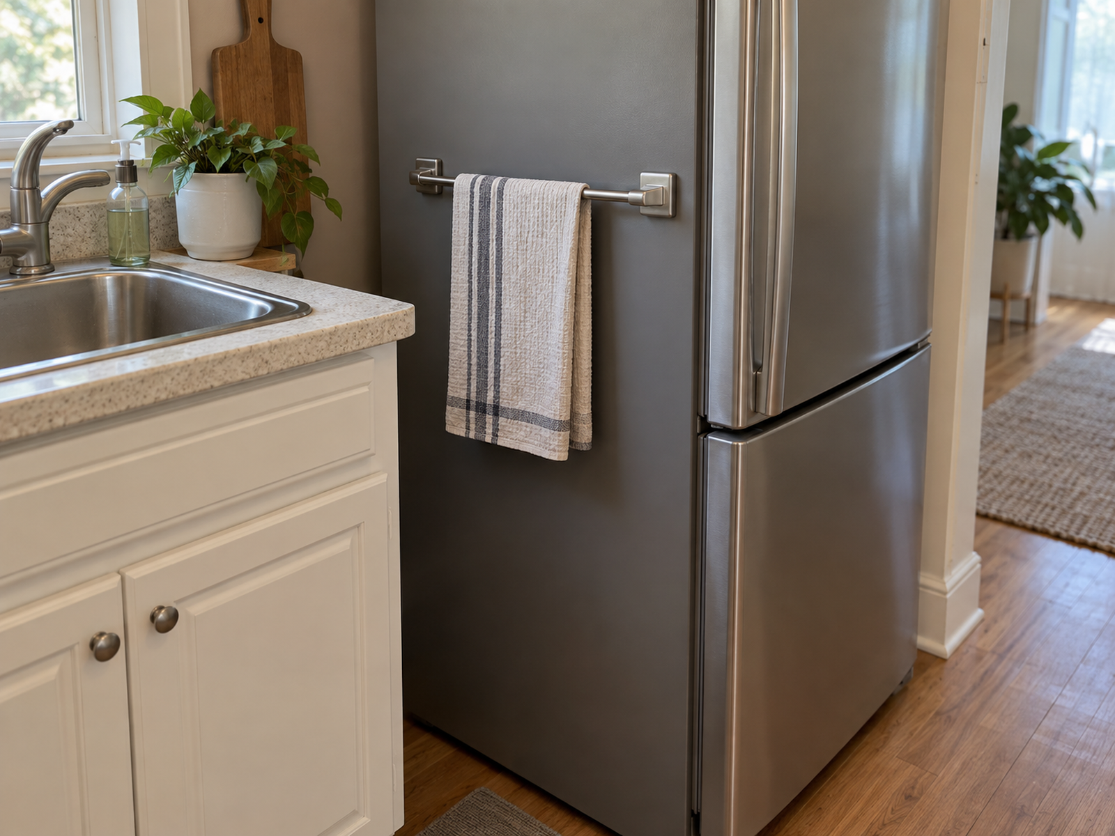 A dish towel hangs from a magnetic bar on the refrigerator side beside a small kitchen sink, clear of the refrigerator door and aisle.