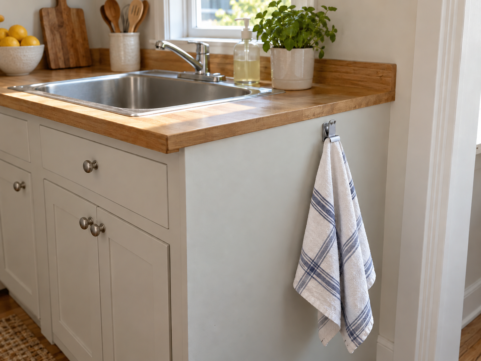 A dish towel hangs from a small spring clip on the open end panel beside a compact kitchen sink, leaving the counter clear.