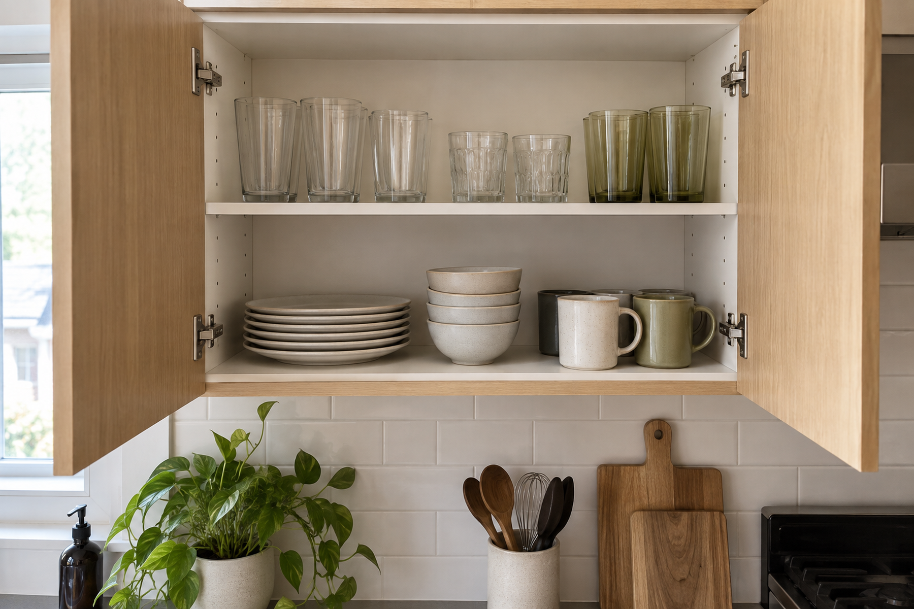 Everyday plates, bowls, mugs, and drinking glasses are grouped in short accessible zones across two shelves of a small kitchen cabinet.