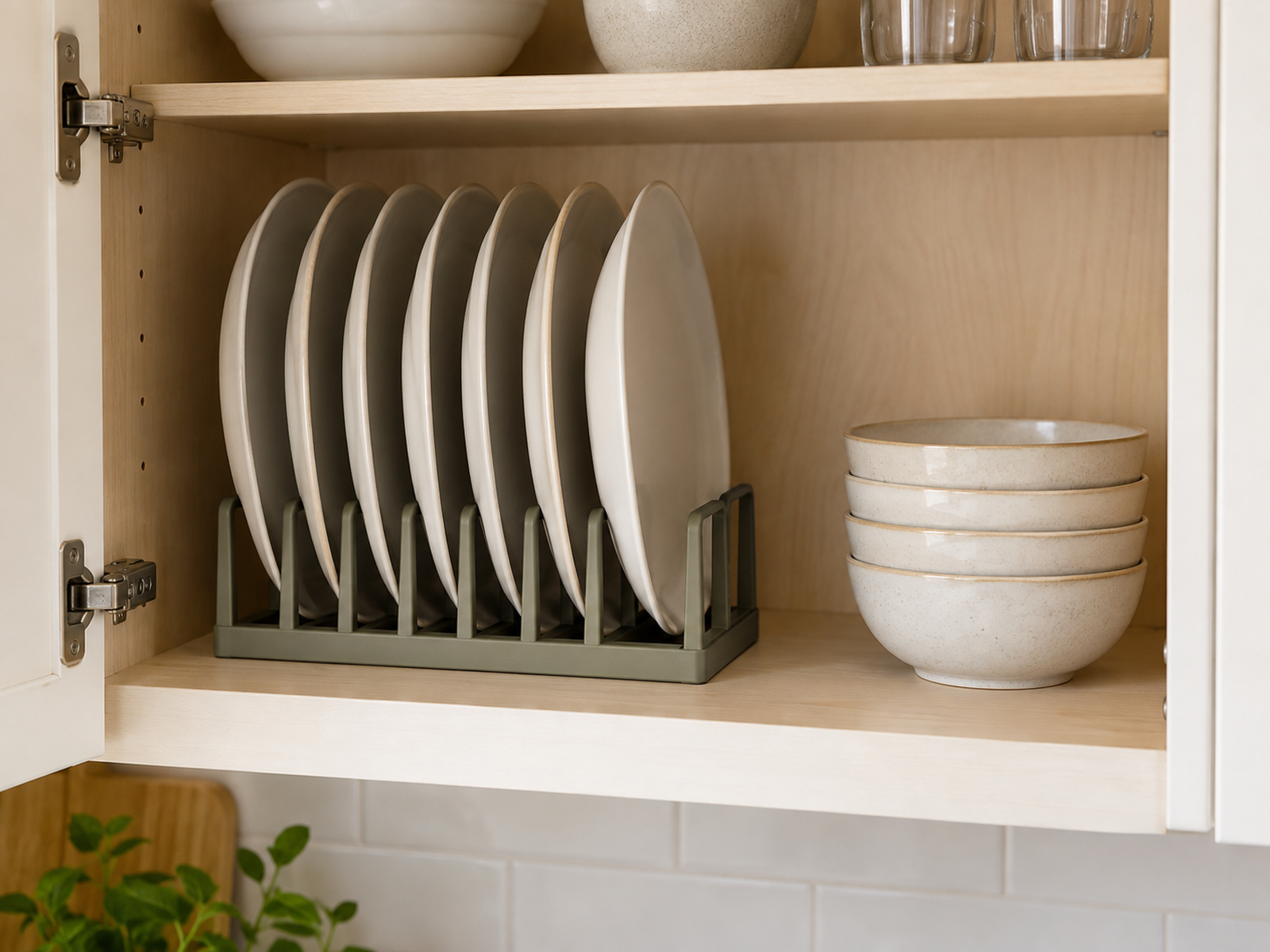 Everyday plates stand upright in a compact plate holder with a short stack of bowls using the remaining cabinet width beside them.