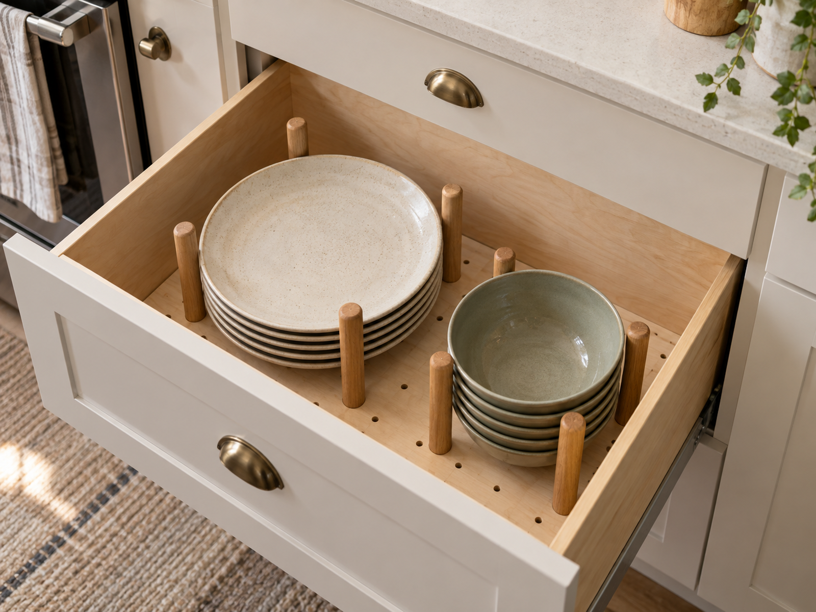 Short stacks of plates and bowls are separated by removable wooden pegs in a deep kitchen drawer for clear top-down access.