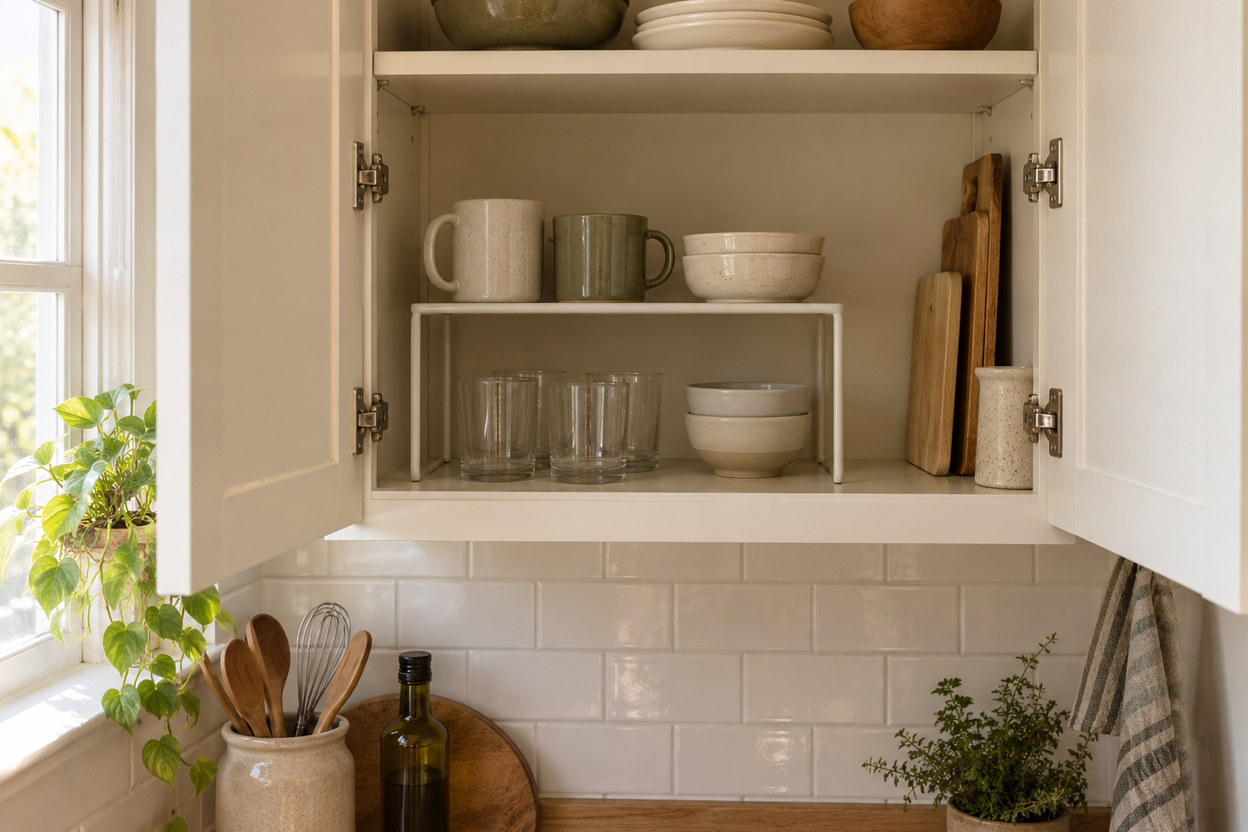 A fixed kitchen cabinet shelf uses a removable riser to create two accessible levels for glasses and bowls without blocking the cabinet doors.