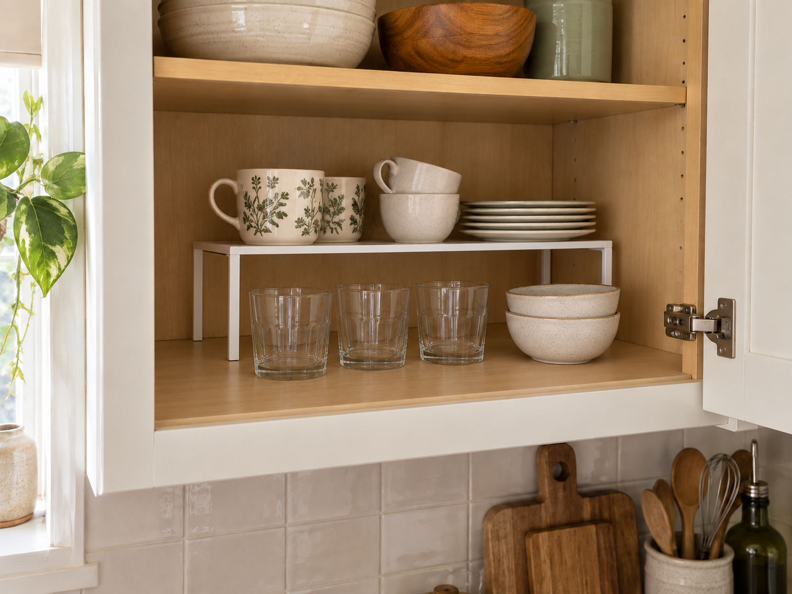 A shallow freestanding shelf riser in a fixed kitchen cabinet leaves clear front access to items stored below and above it.