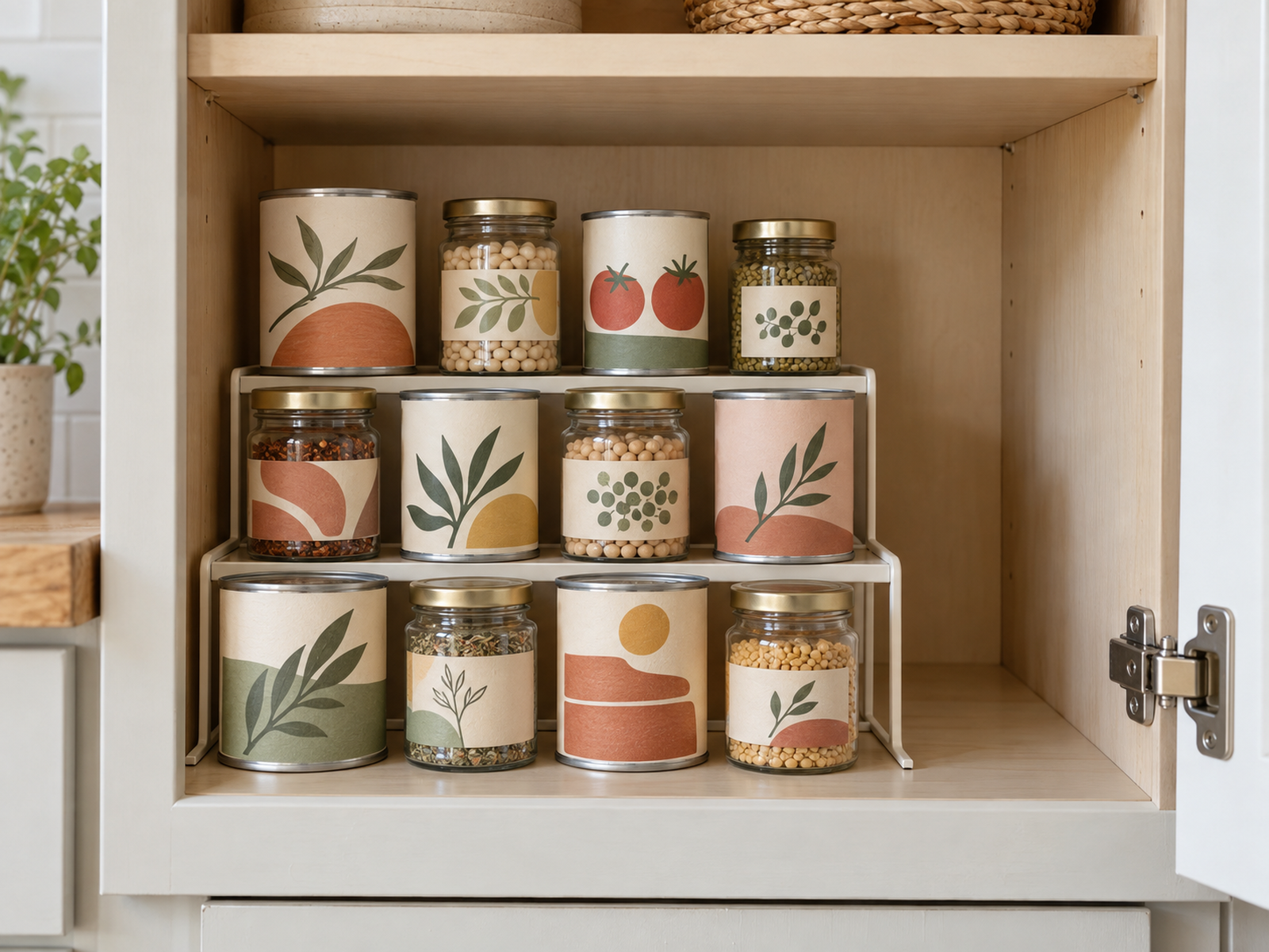 A tiered organizer in a kitchen cabinet raises cans and jars so the back rows remain visible and reachable.