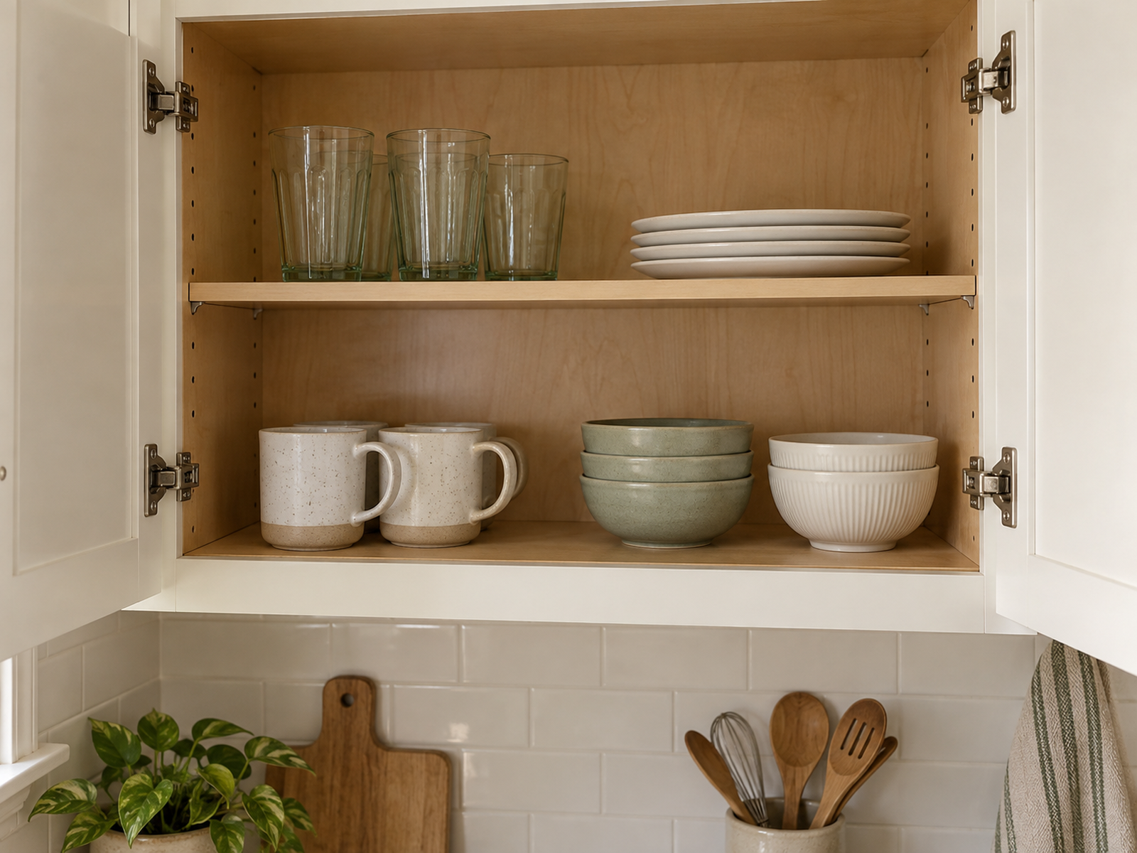 A kitchen cabinet uses existing shelf-pin holes for an additional full-width shelf without drilling new holes.