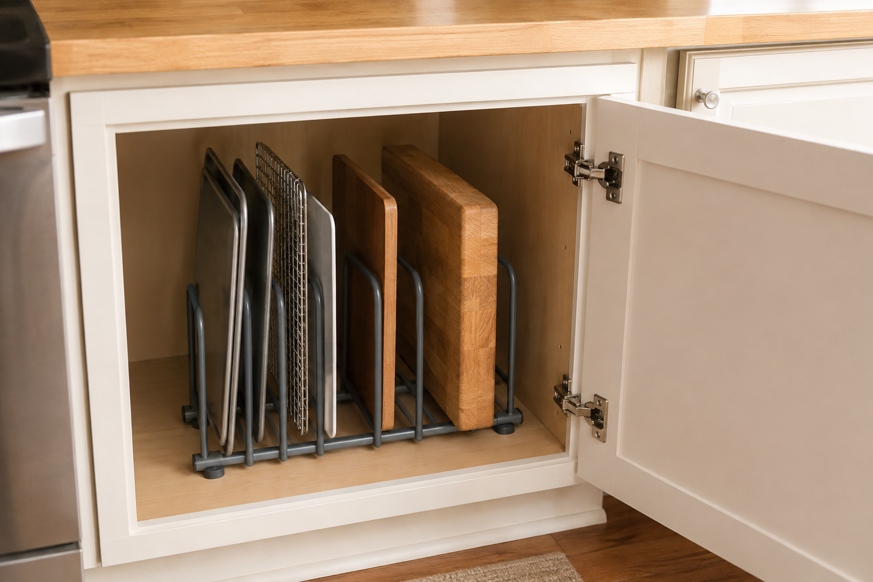 Baking sheets, a cooling rack, and cutting boards stand upright in a removable rack inside a compact base cabinet, with a wider slot supporting the thickest board.