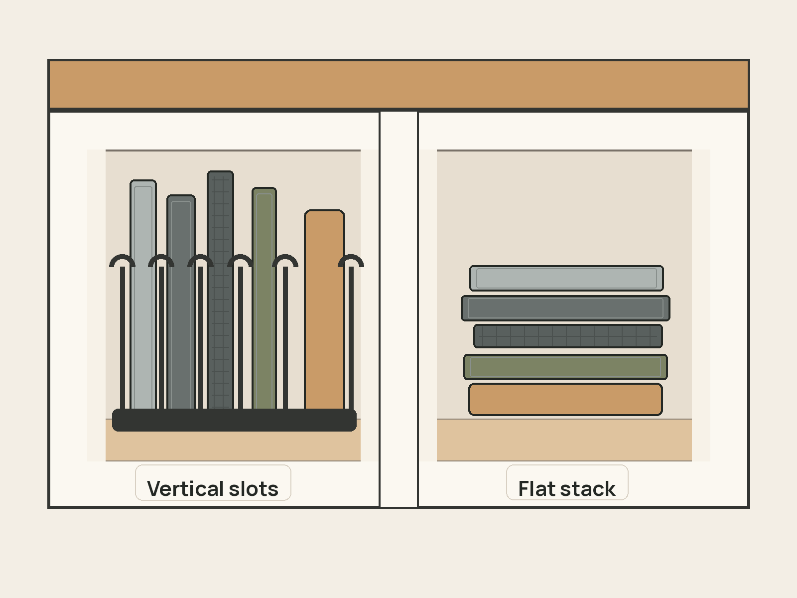 The same five baking sheets, cooling rack, and cutting boards appear in matched cabinet bays, stored in vertical slots on one side and as a flat stack on the other.