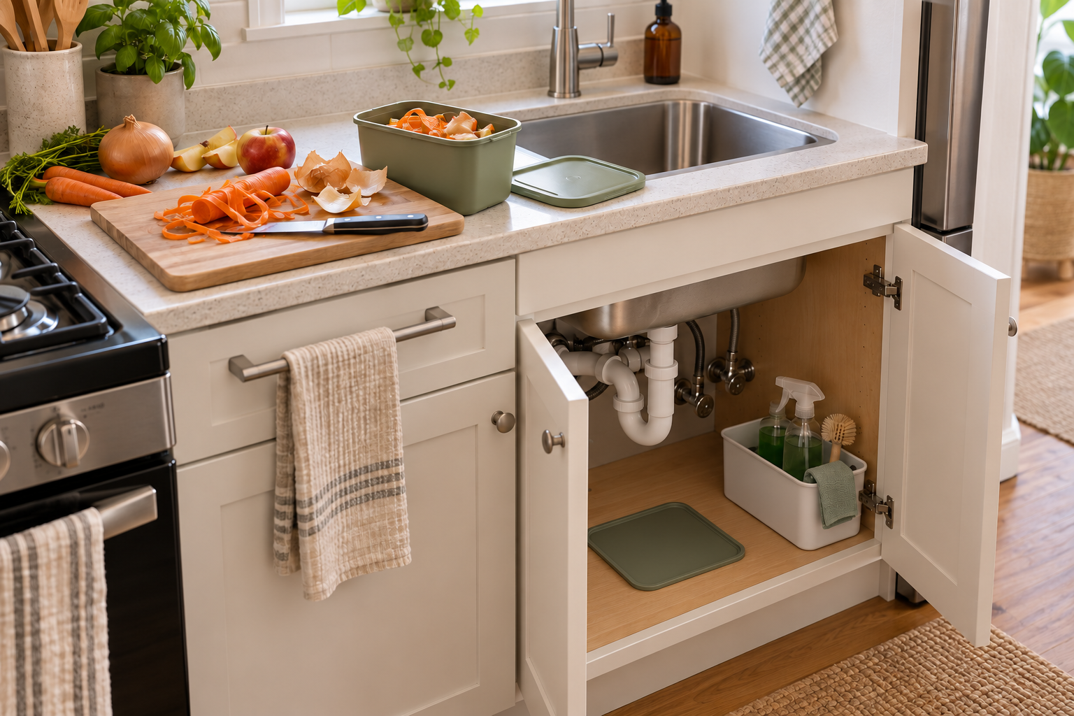A small food-scrap container beside active vegetable prep in a compact kitchen, with an empty under-sink parking mat, visible plumbing, and cleaning supplies kept separate.