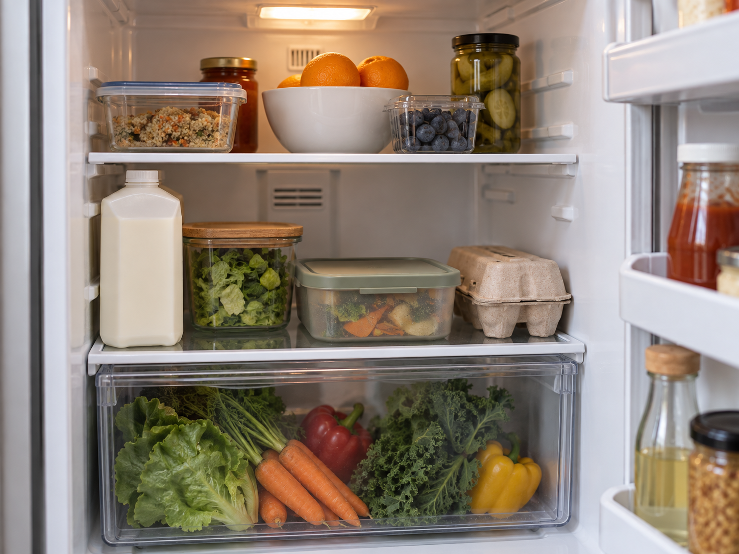 A compact closed food-scrap container occupies a bounded area of a small apartment refrigerator while groceries remain organized and accessible around it.