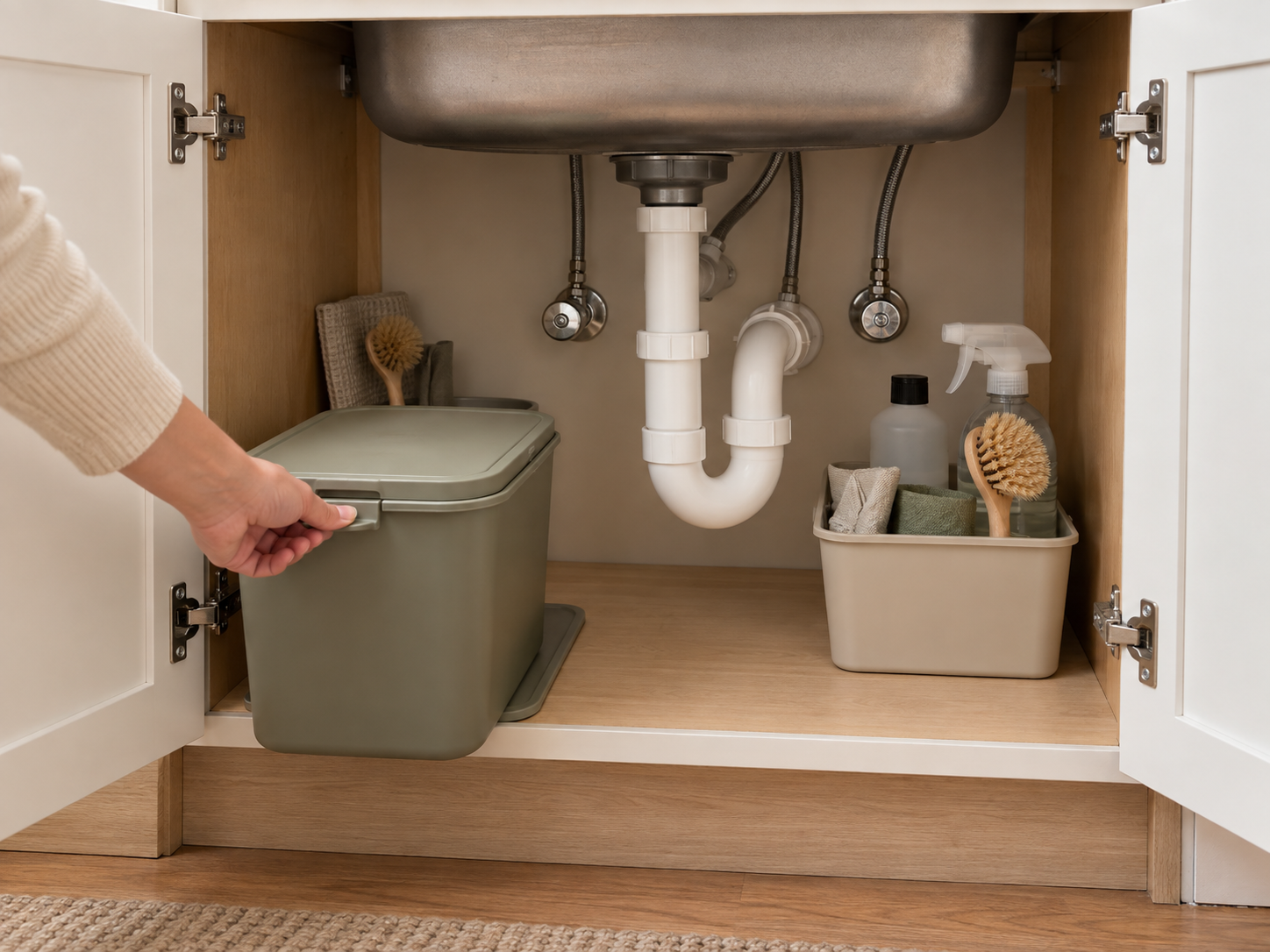 A closed food-scrap container is pulled forward from the front of an under-sink cabinet, with plumbing visible and cleaning supplies grouped separately.