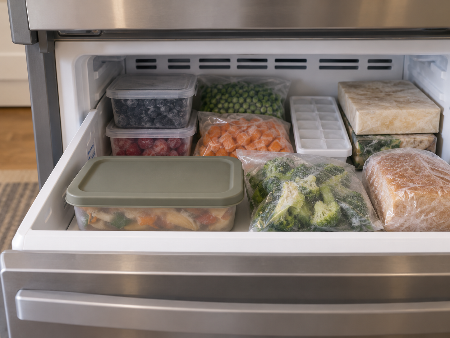 A shallow closed food-scrap container occupies one bounded front area of a small freezer while normal frozen food remains stored around it.