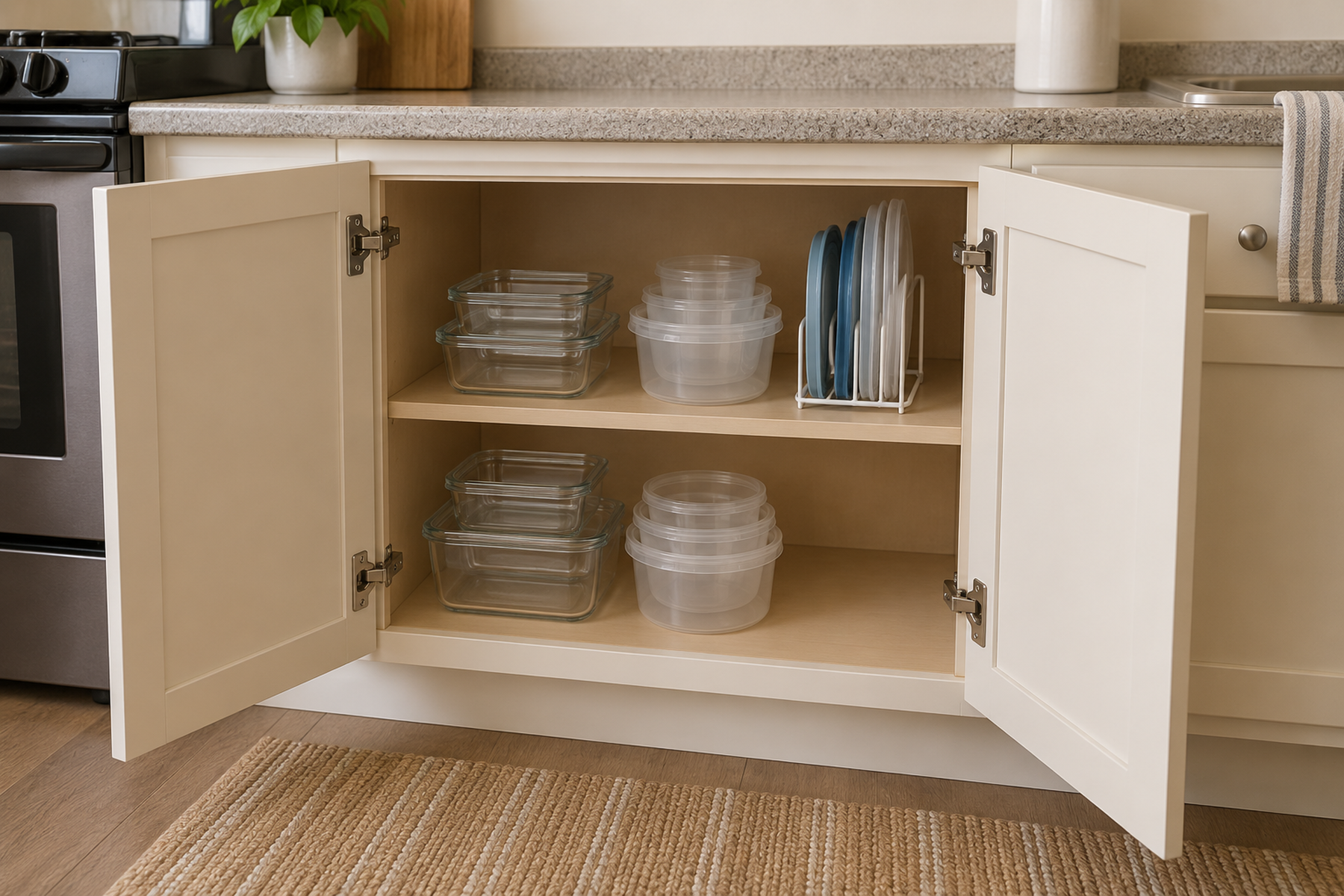 Open two-door cabinet in a small kitchen with stable nested food-storage containers, one freestanding vertical lid rack, and clear shelf space for removing individual pieces.