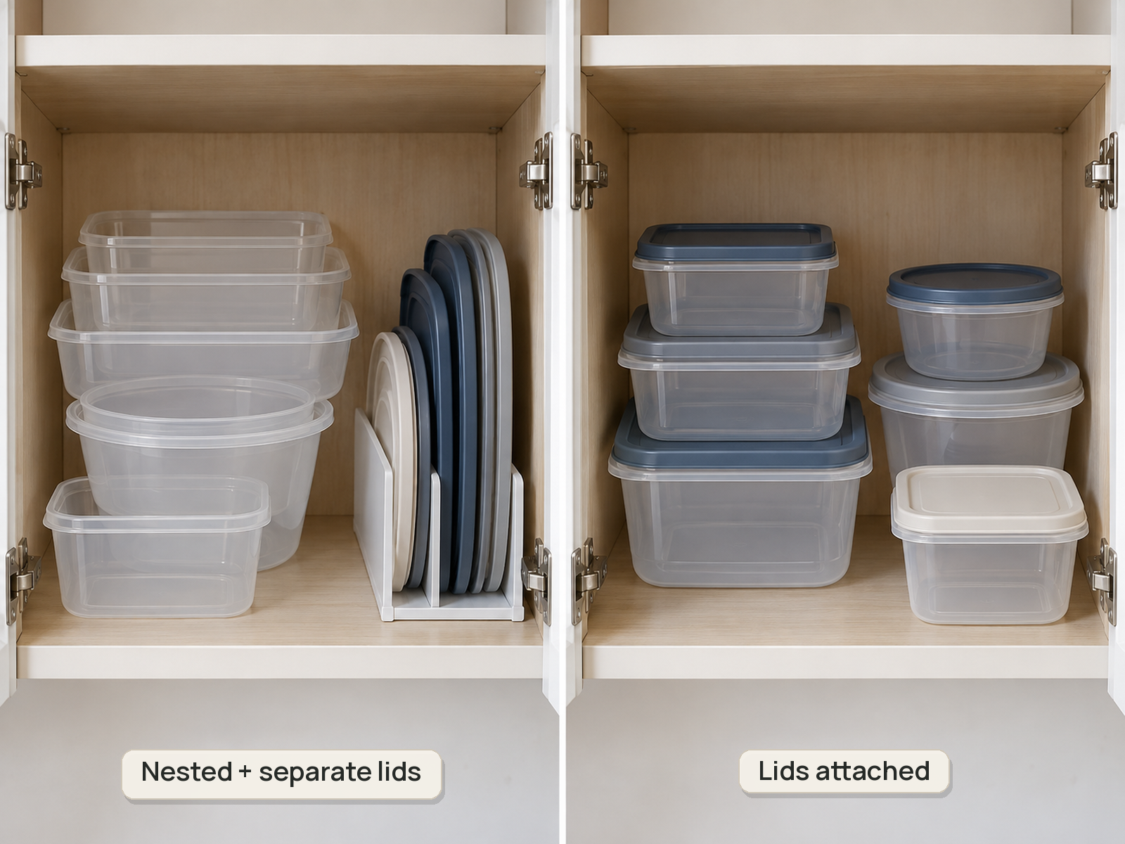 Matched cabinet comparison showing the same six food-storage containers nested with lids held separately in one view and stored with their lids attached in the other.