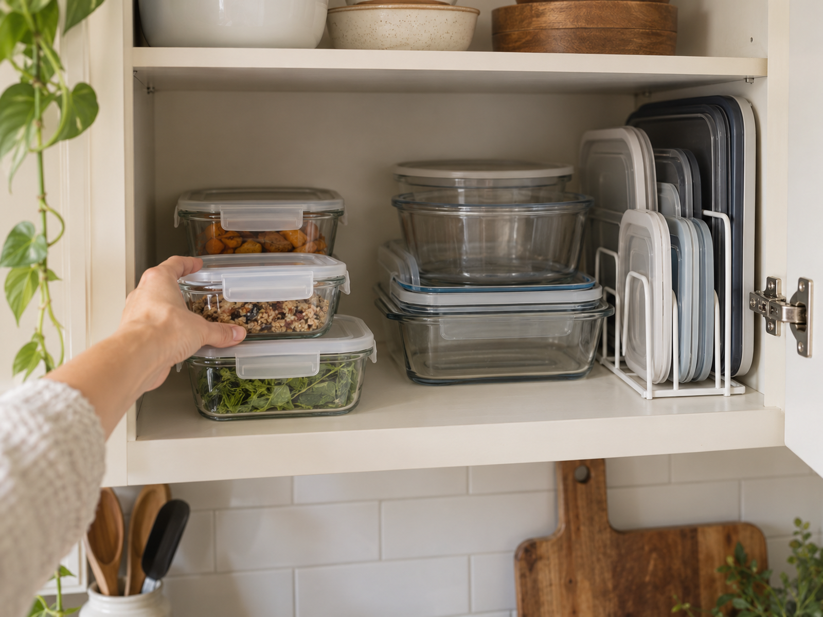Small everyday food-storage containers at the easy-reach front of a compact cabinet, with specialty bases nested more densely beside a contained vertical lid zone.