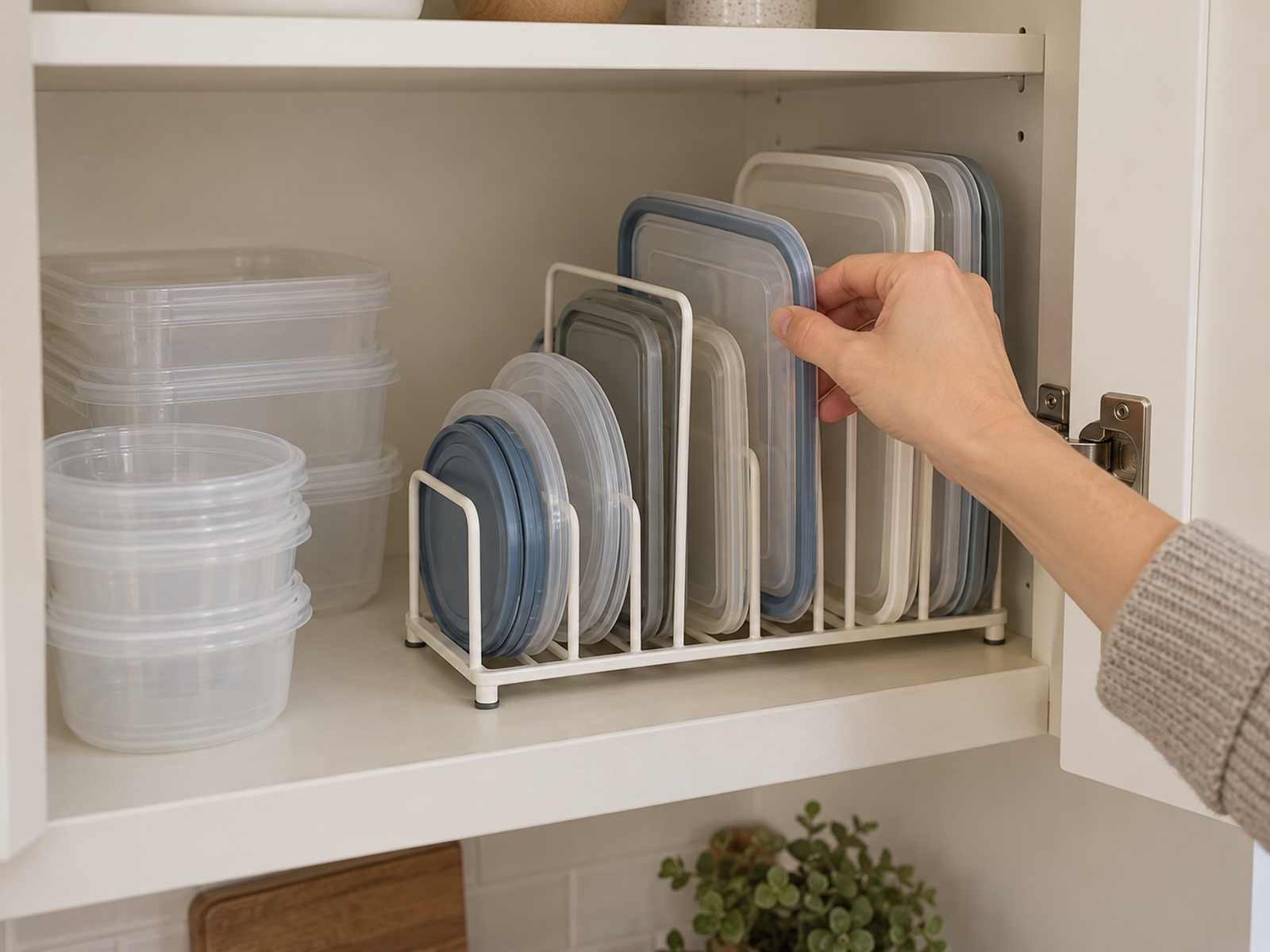 Freestanding vertical lid rack occupying one side of a small cabinet beside nested container bases as a hand removes one food-storage lid with the hinge area clear.