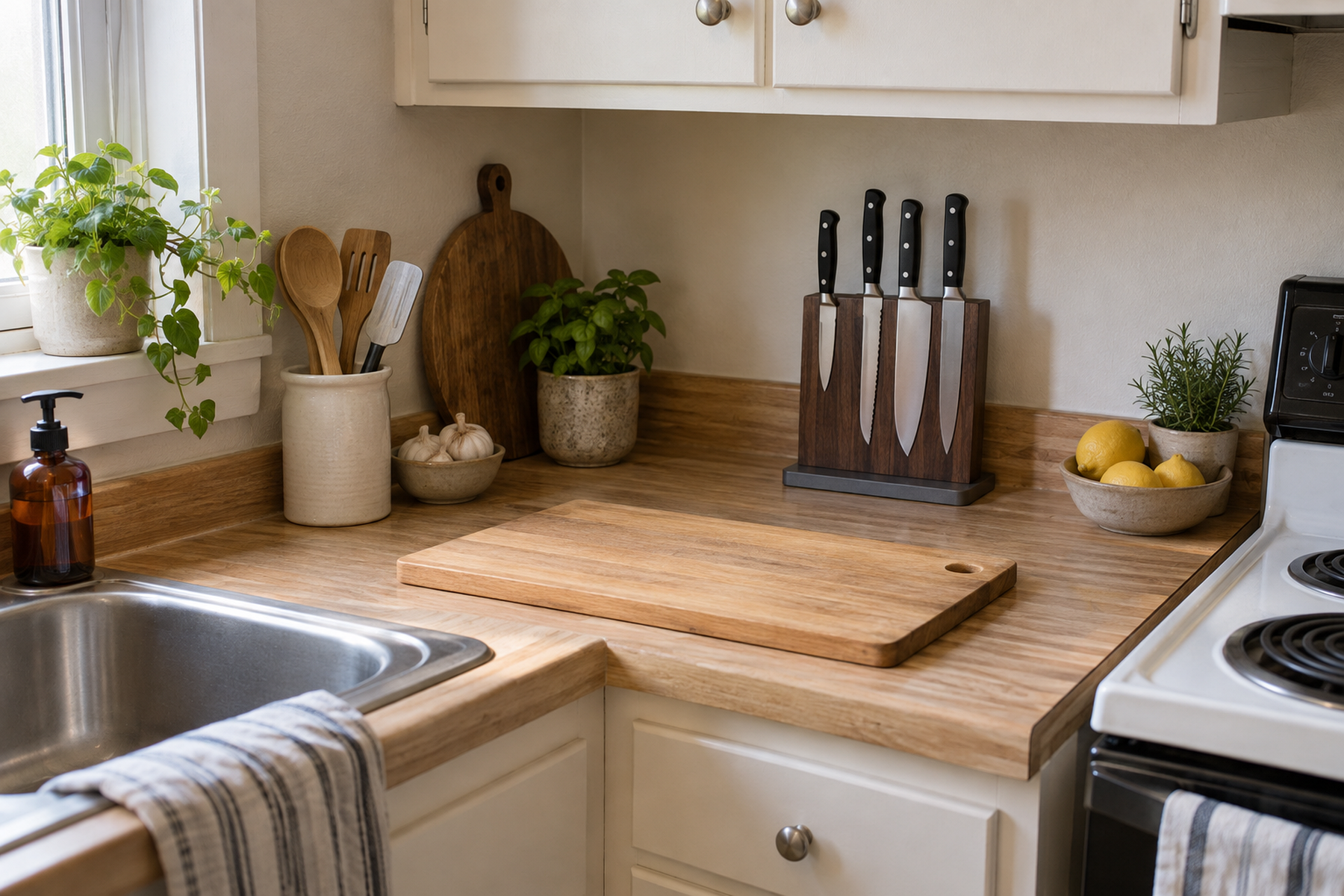 A slim freestanding magnetic knife block sits at the back edge of a compact kitchen counter, leaving the central cutting-board prep area open.