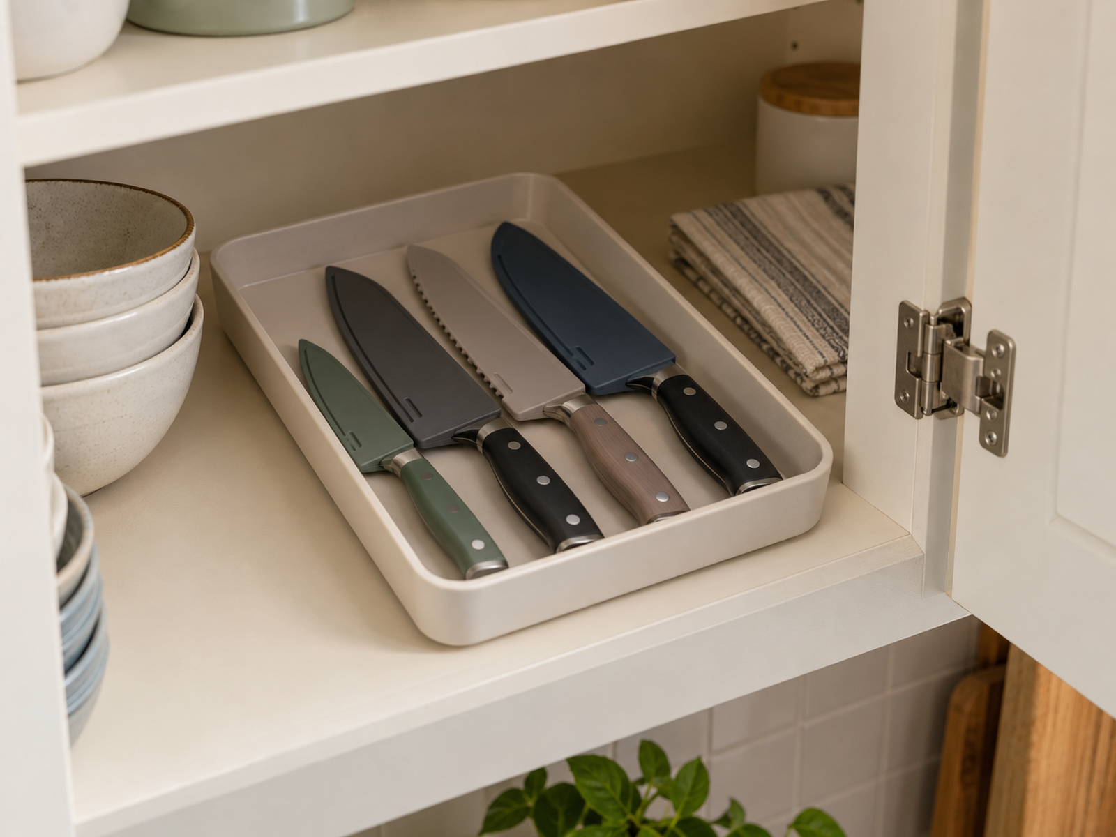 Four kitchen knives with fitted blade guards lie together in a shallow tray on an open cabinet shelf, with their handles visible for selection.