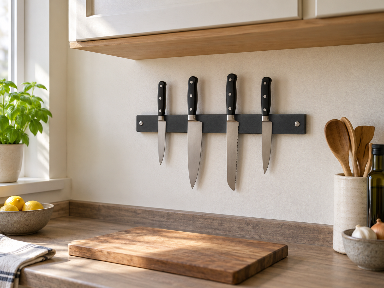 Four evenly spaced kitchen knives hang from a screw-fastened magnetic wall bar above a clear cutting-board prep area in a compact kitchen.