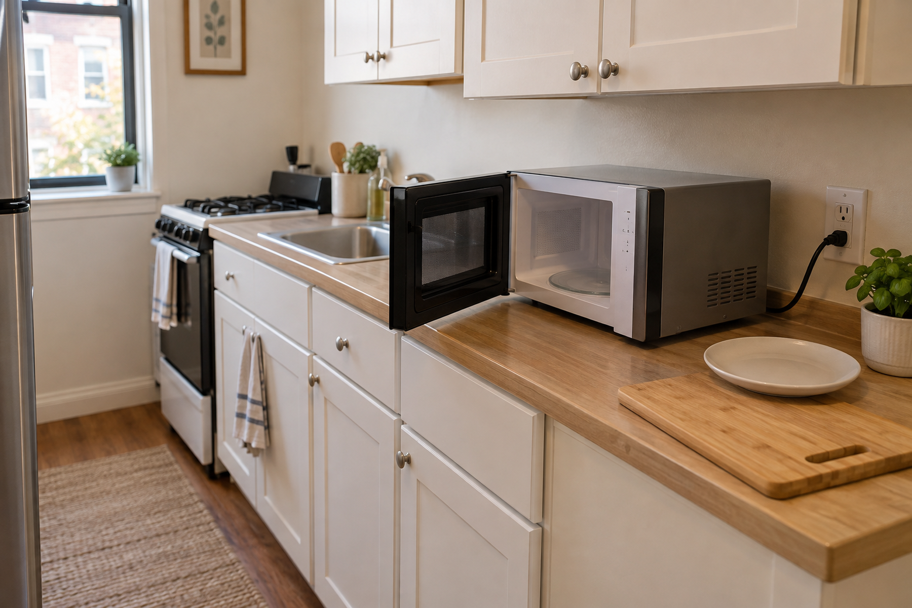 A countertop microwave with its door open in a narrow rental kitchen, with open air around it, a direct wall outlet, and a cutting-board landing area beside it.